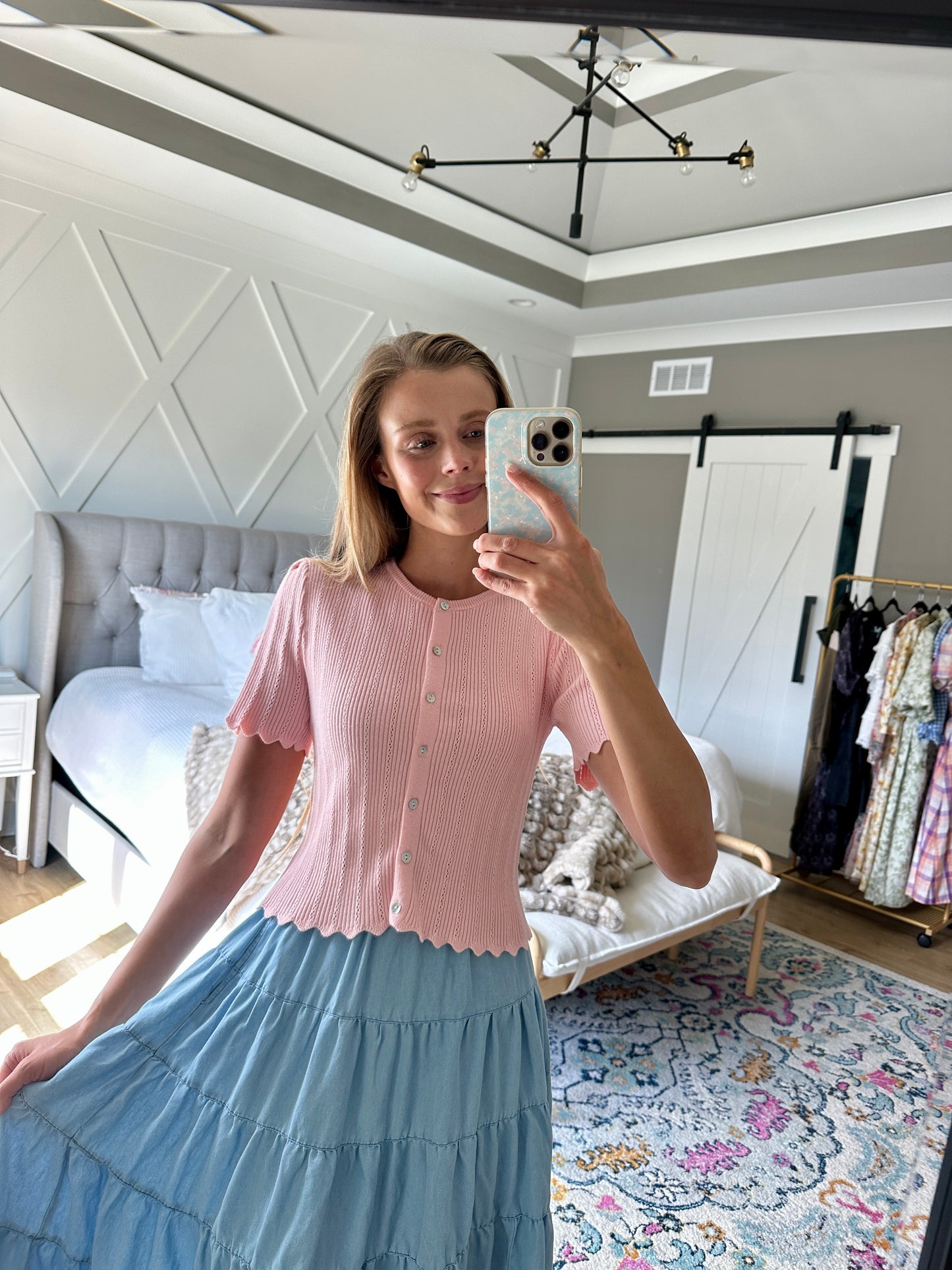 The Nora  Pointelle Knit Cardigan in Ballerina Pink