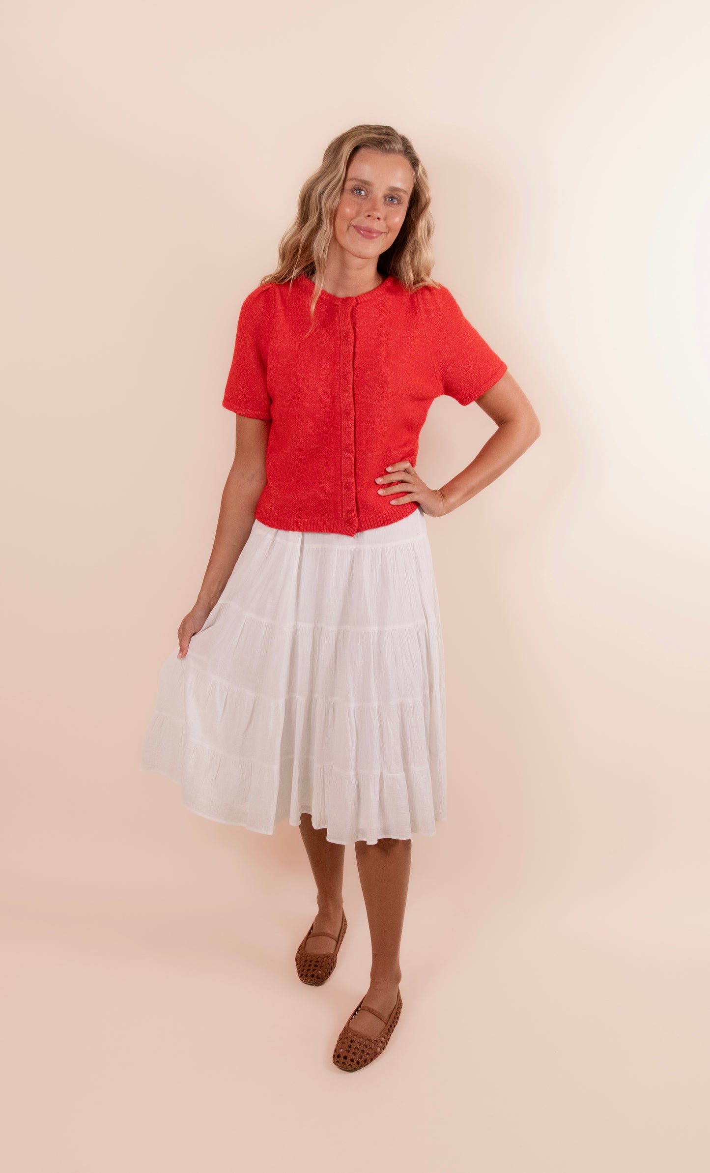 The Rory Knit Short Sleeve Cardigan in Red
