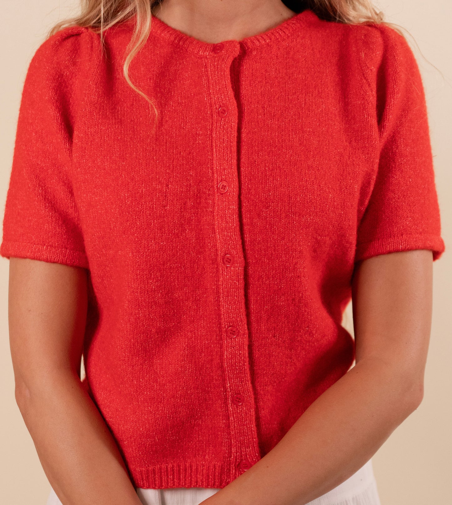 The Rory Knit Short Sleeve Cardigan in Red