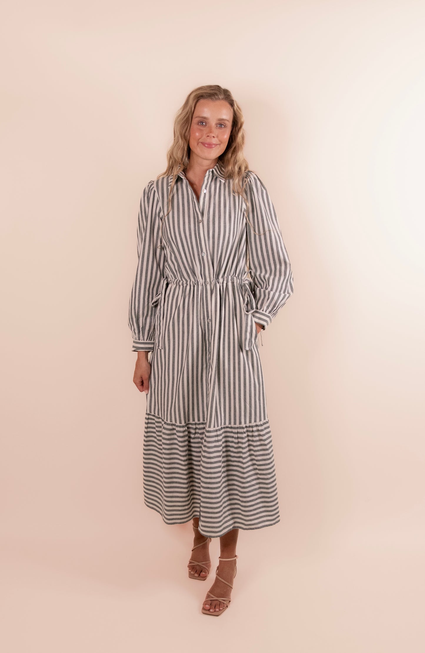 The Evelyn Bow Detail Shirt Dress in Green Stripes