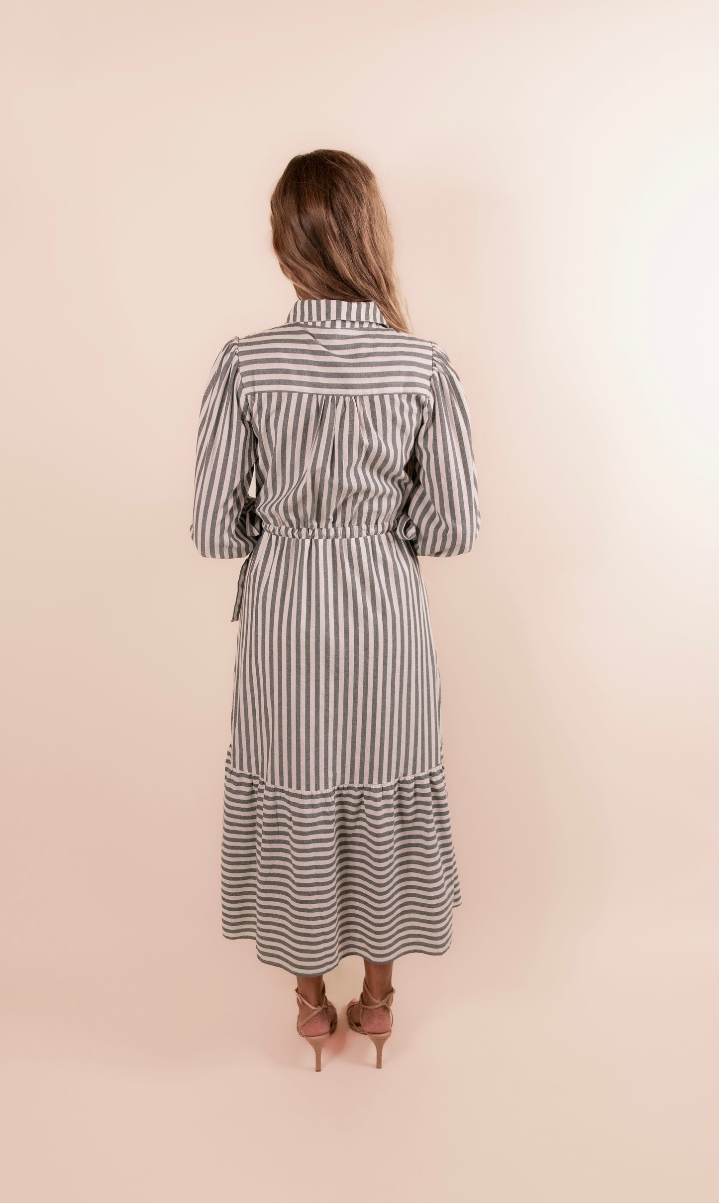 The Evelyn Bow Detail Shirt Dress in Green Stripes