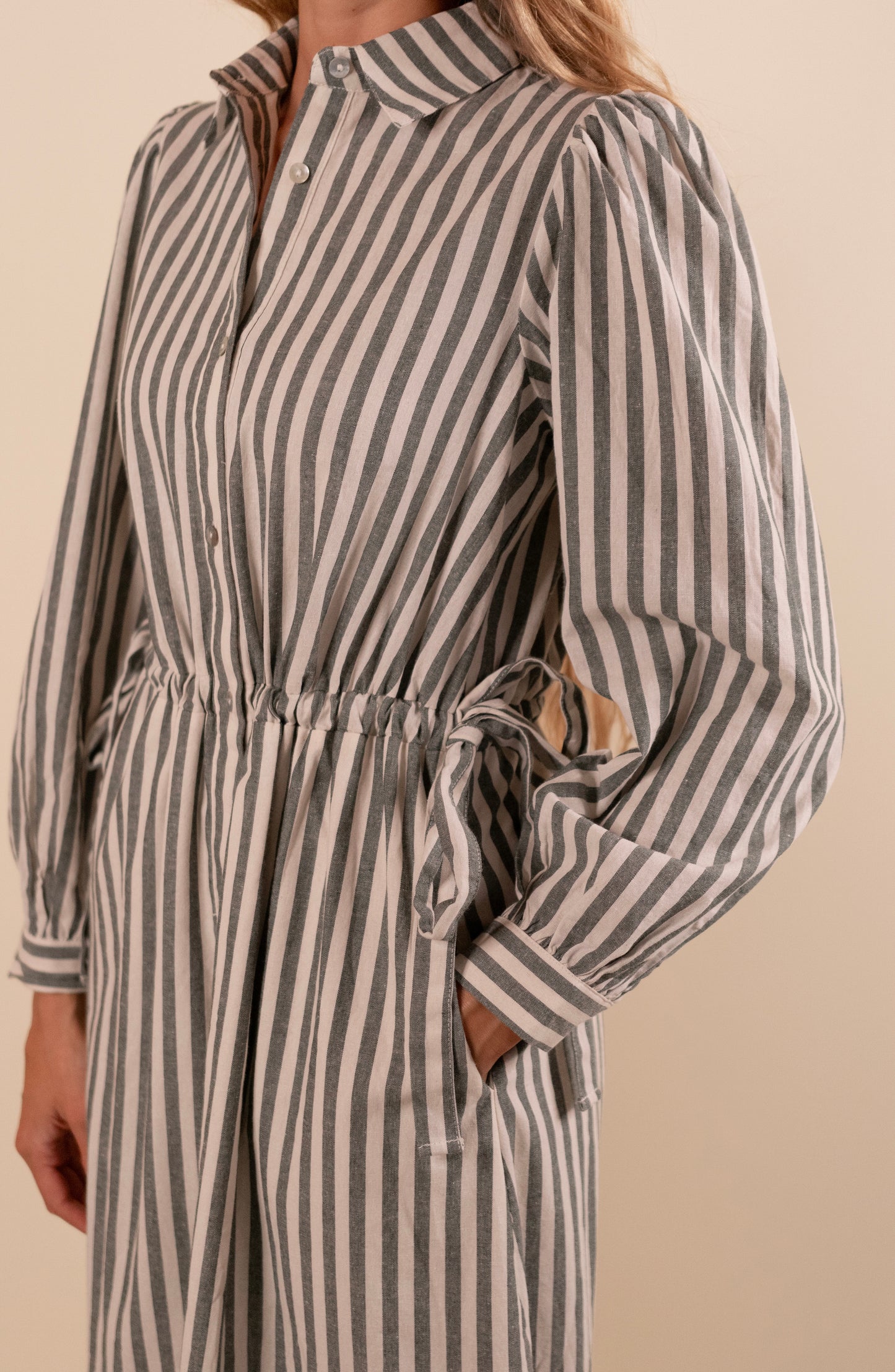 The Evelyn Bow Detail Shirt Dress in Green Stripes