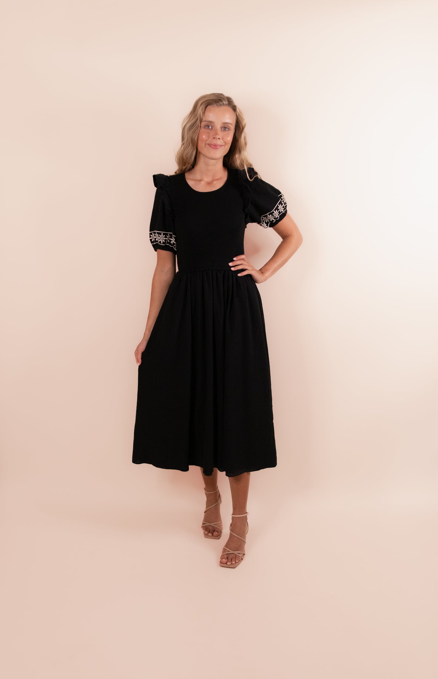 The Amelia Embroidered Knit Midi Dress in Black
