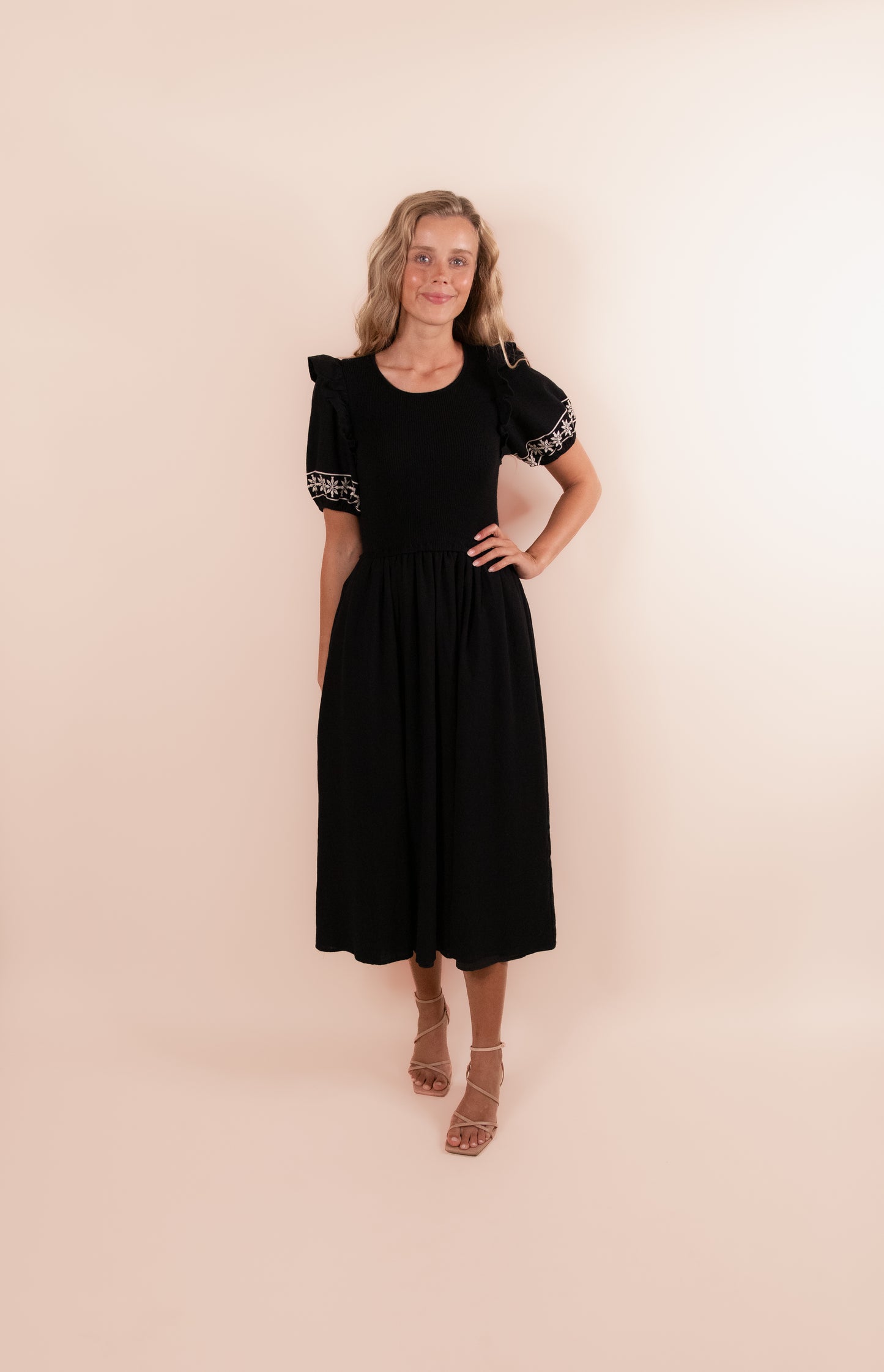 The Amelia Embroidered Knit Midi Dress in Black