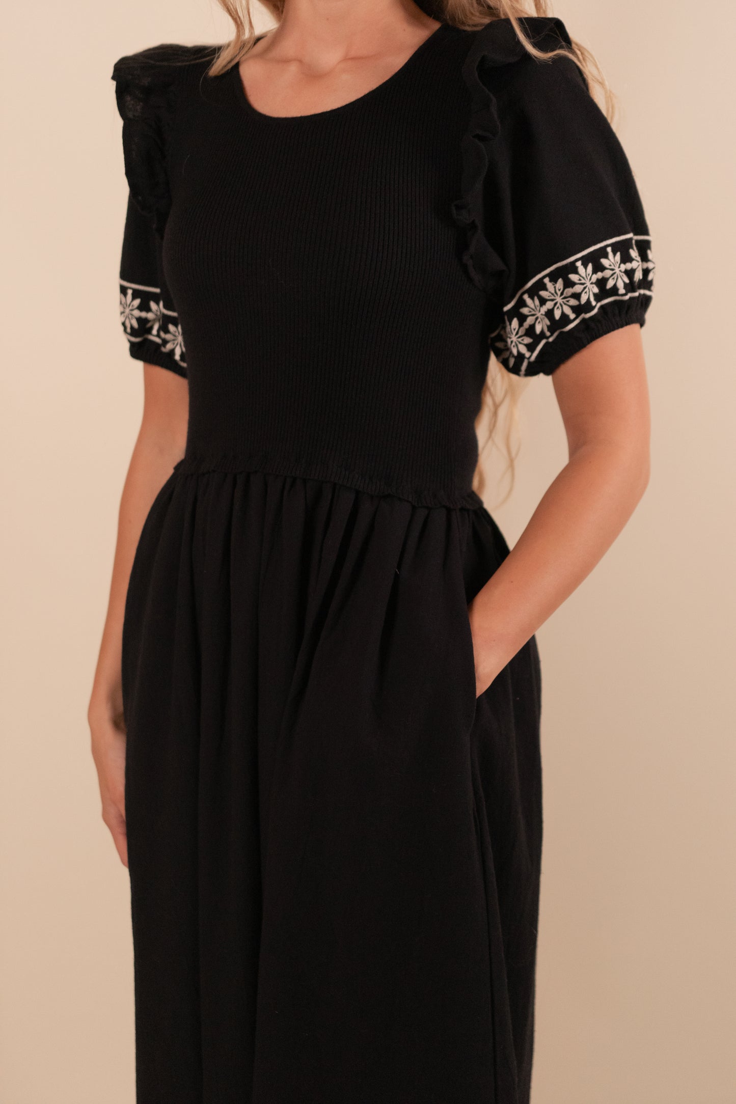 The Amelia Embroidered Knit Midi Dress in Black