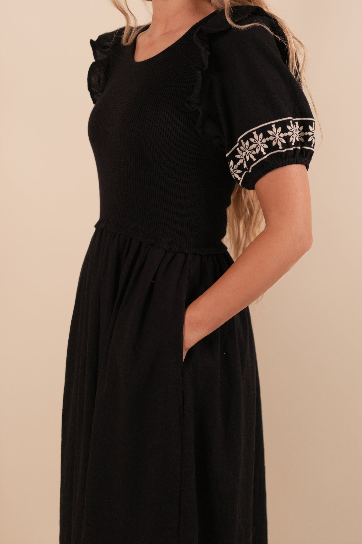 The Amelia Embroidered Knit Midi Dress in Black