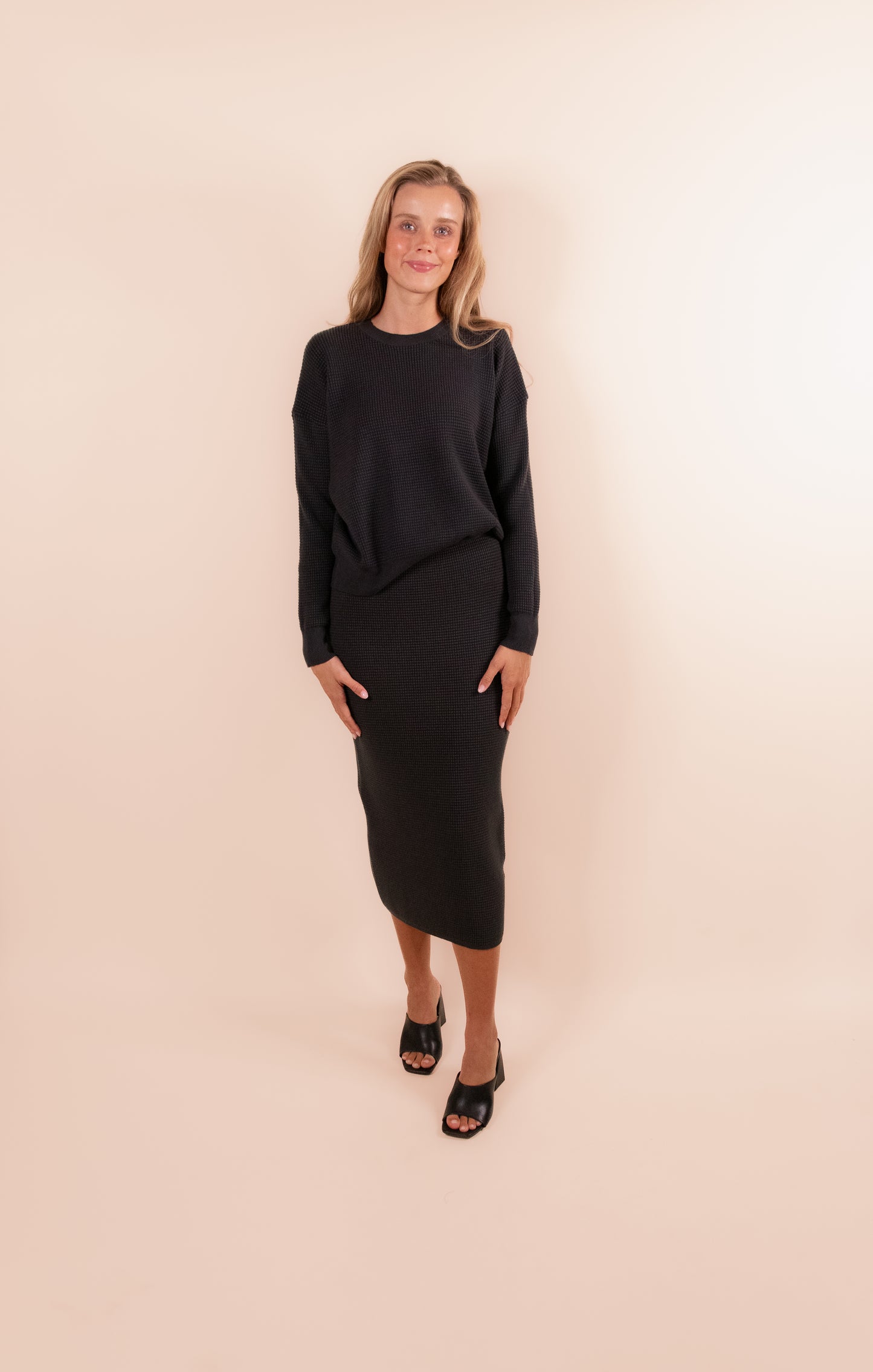 The Mia Sweater Set in Deep Navy Waffle Knit
