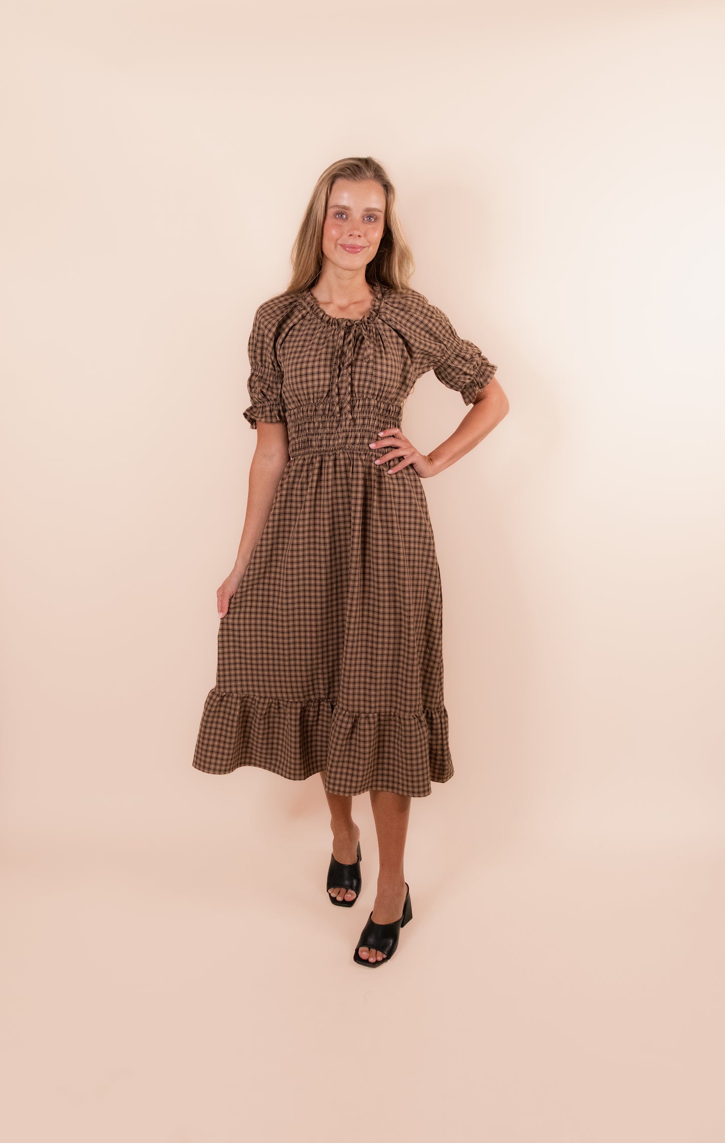 The Mae Plaid Midi Dress in Brown Plaid