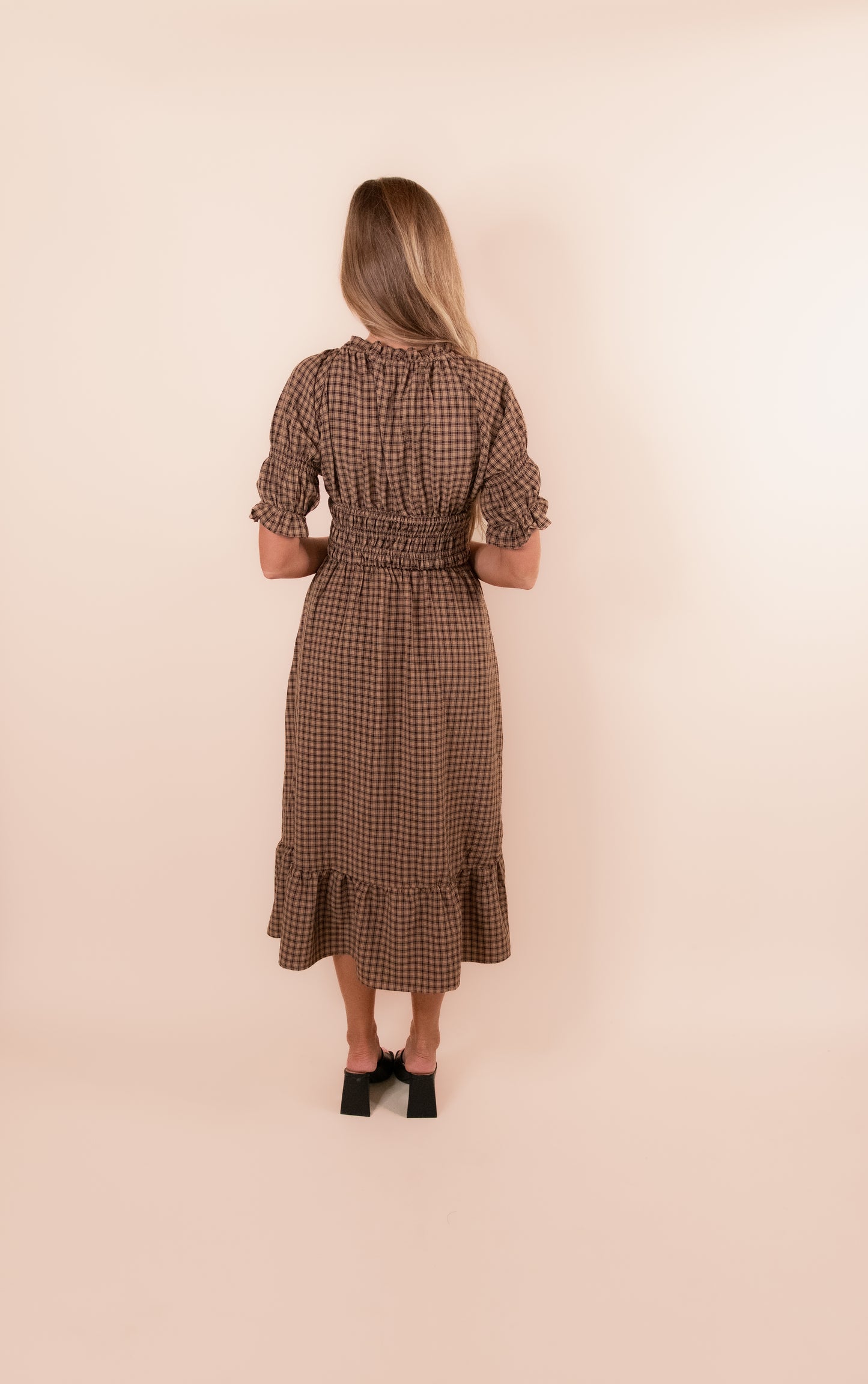 The Mae Plaid Midi Dress in Brown Plaid