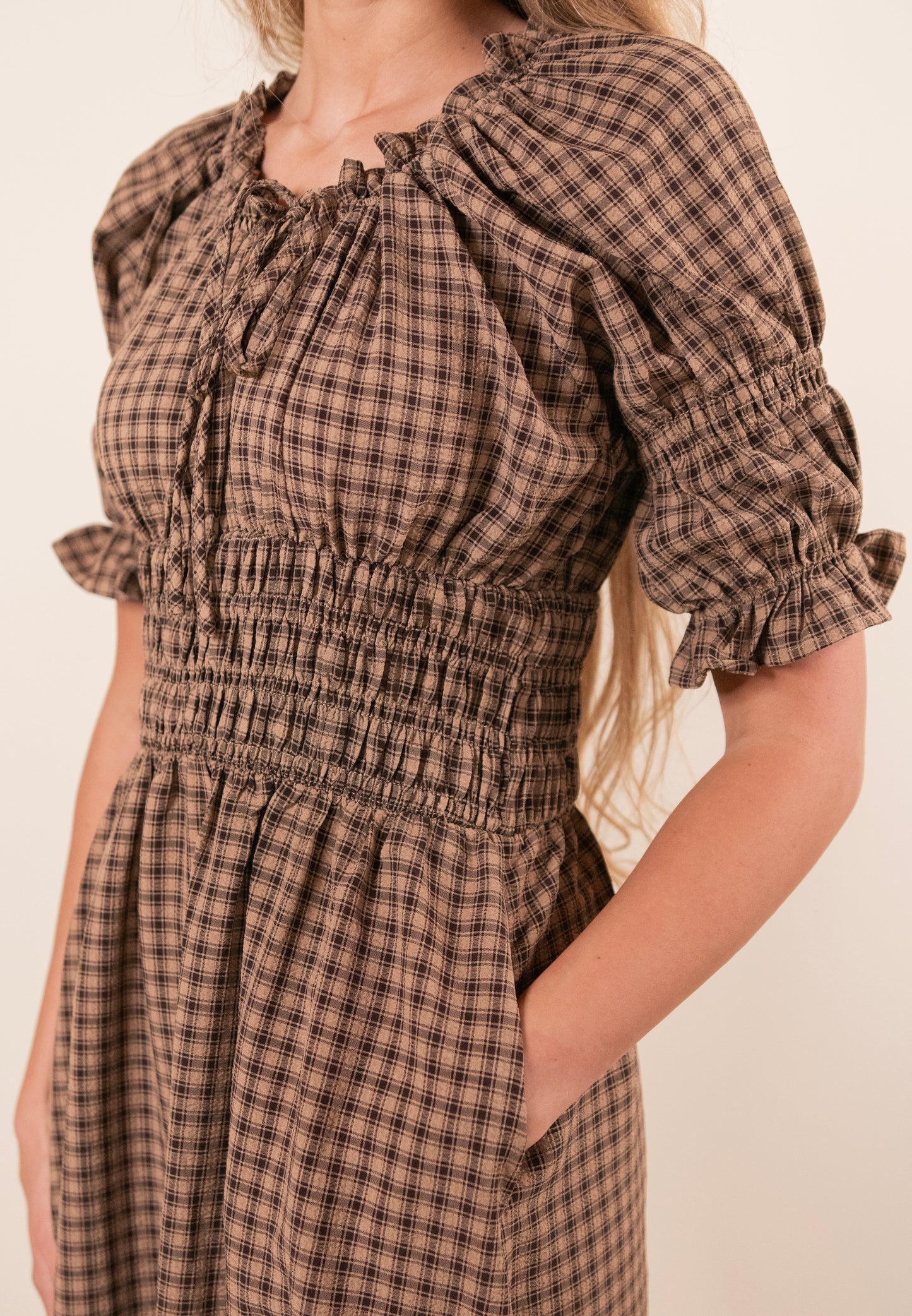 The Mae Plaid Midi Dress in Brown Plaid