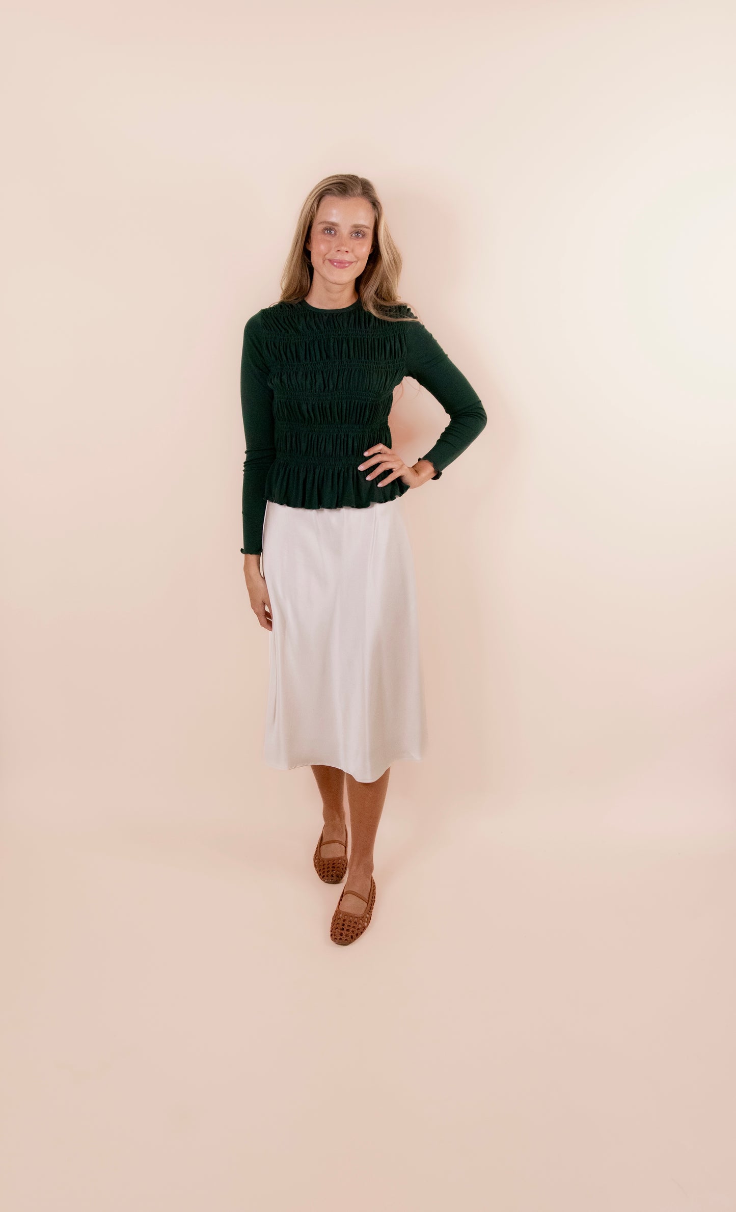 The Karly Smocked Long Sleeve Top in Emerald Green