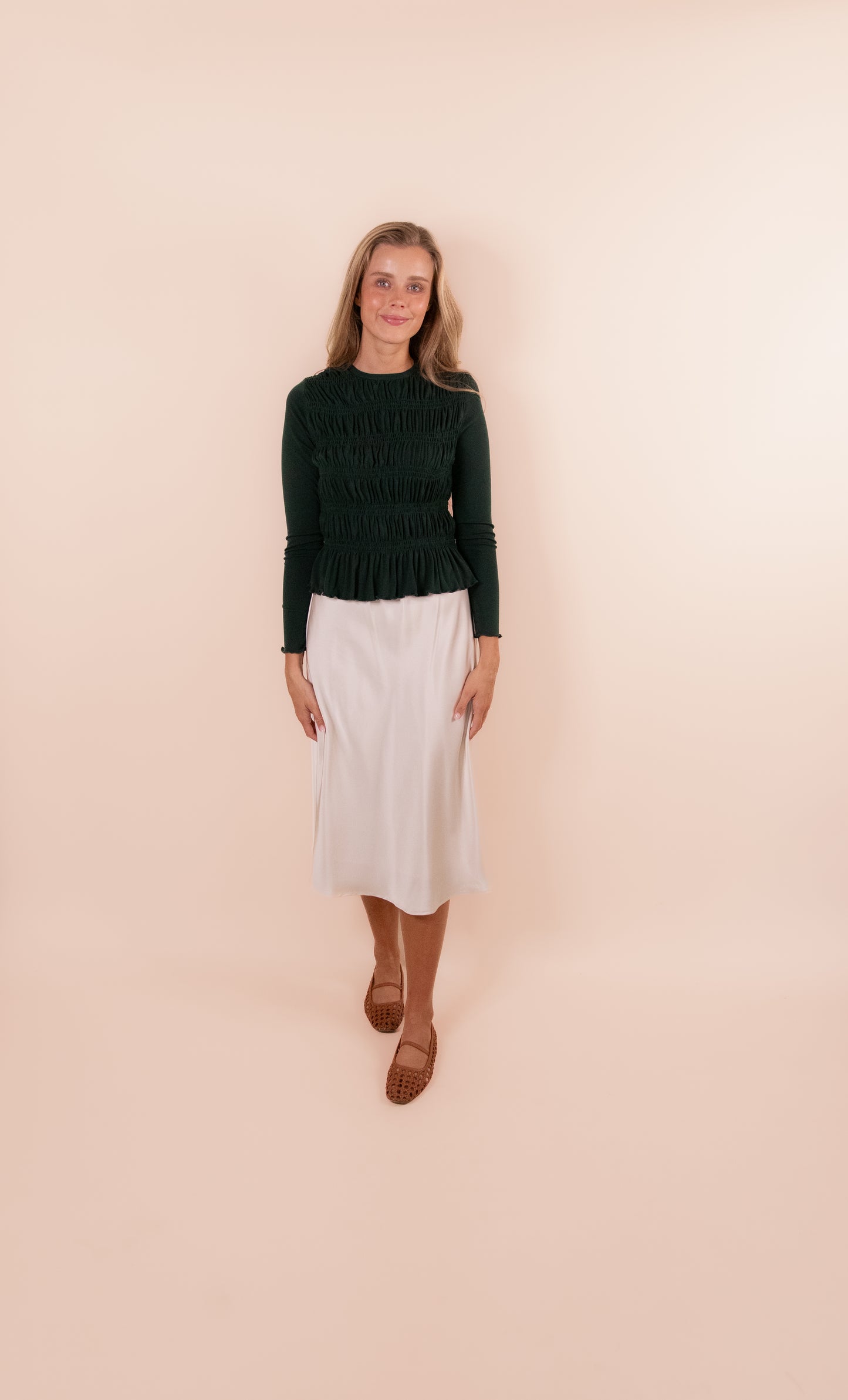 The Karly Smocked Long Sleeve Top in Emerald Green