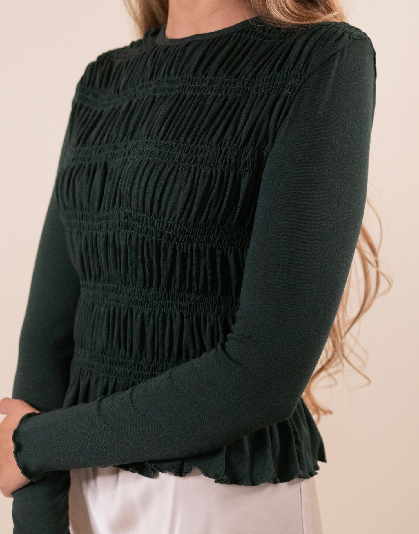 The Karly Smocked Long Sleeve Top in Emerald Green