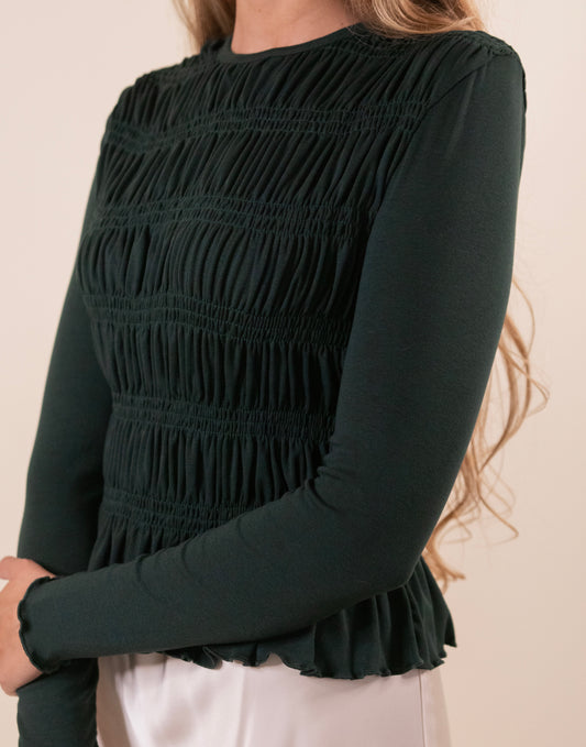 The Karly Smocked Long Sleeve Top in Emerald Green