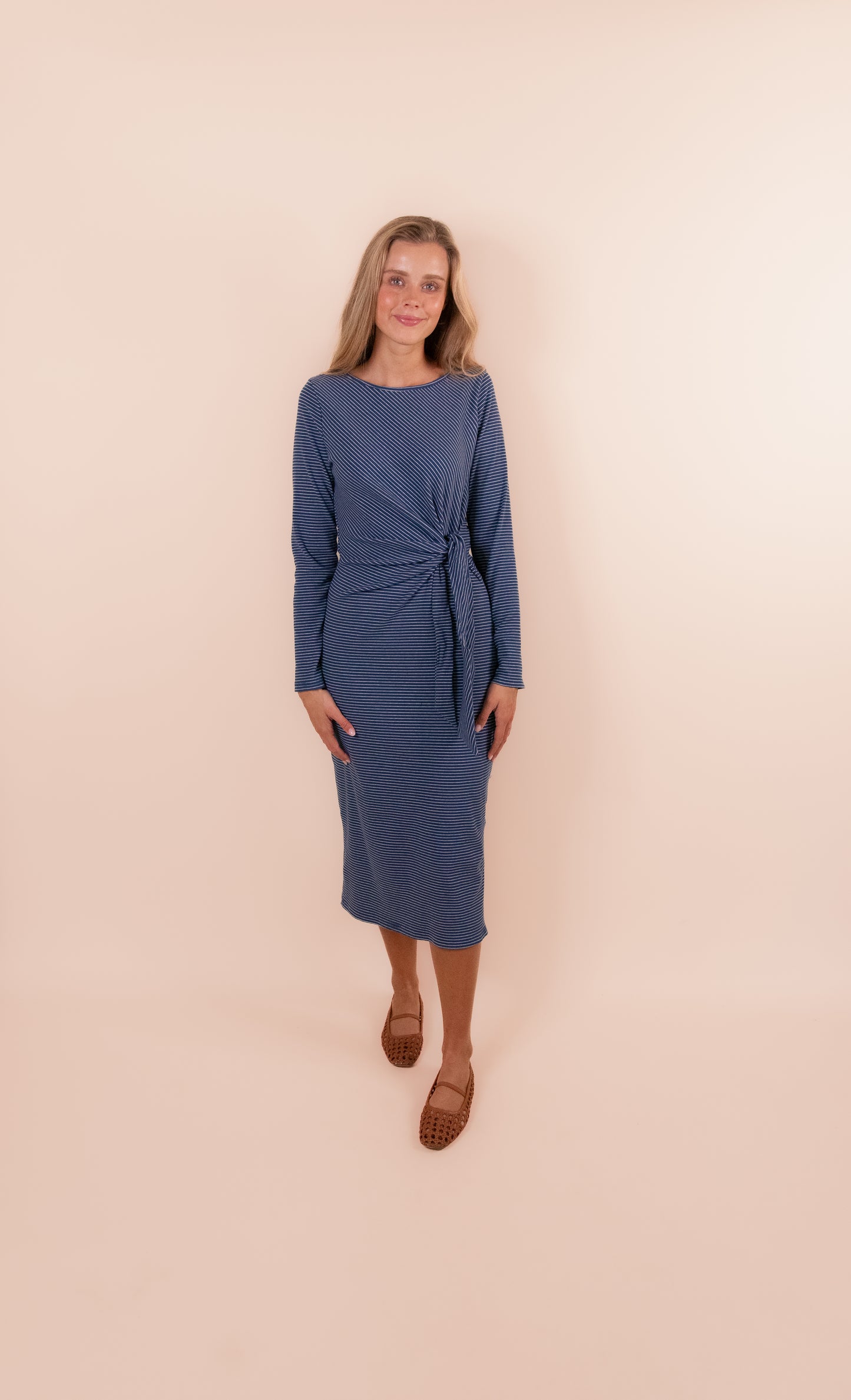 The Addie Ribbed Knit Midi Dress in Navy Stripes