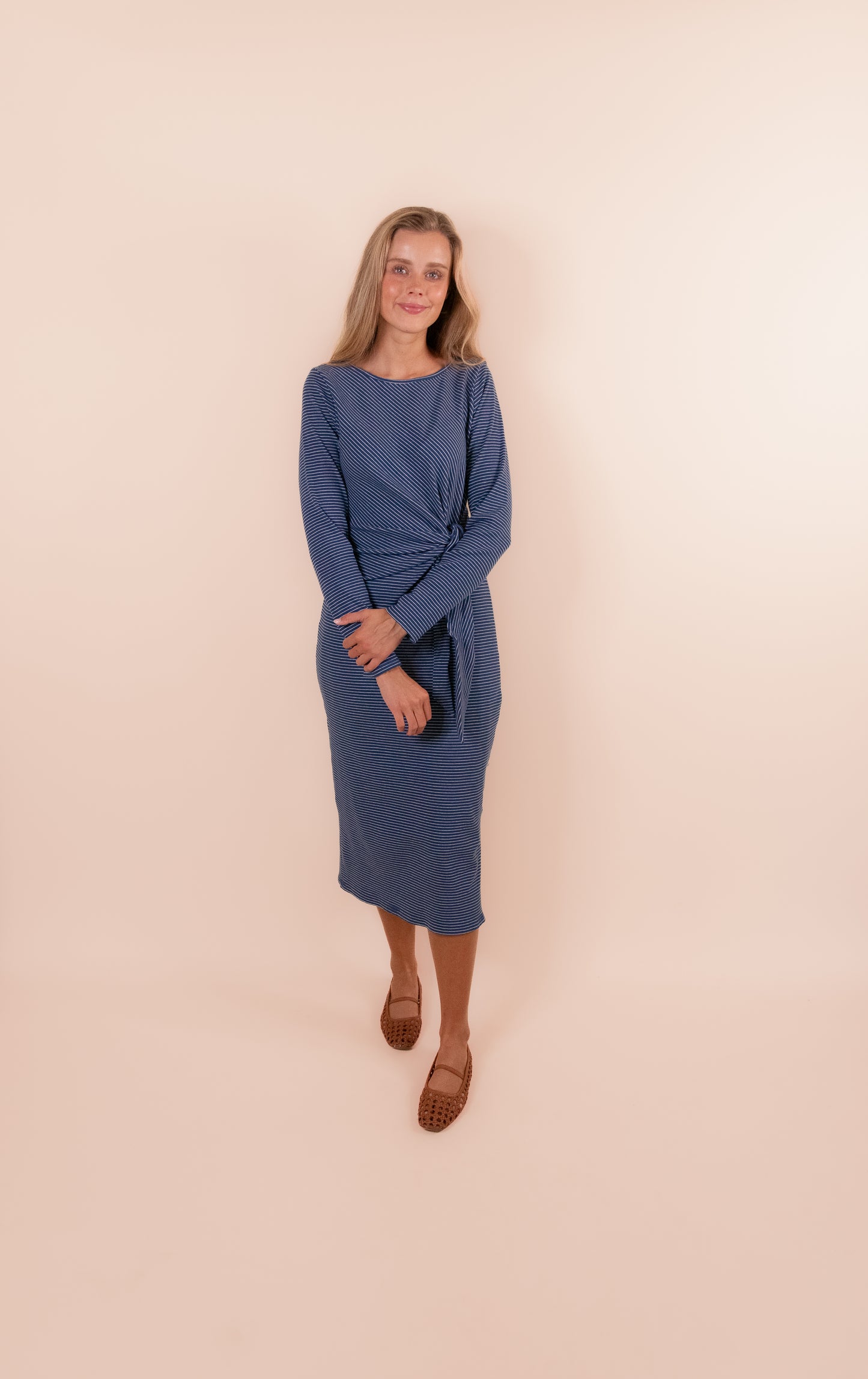 The Addie Ribbed Knit Midi Dress in Navy Stripes