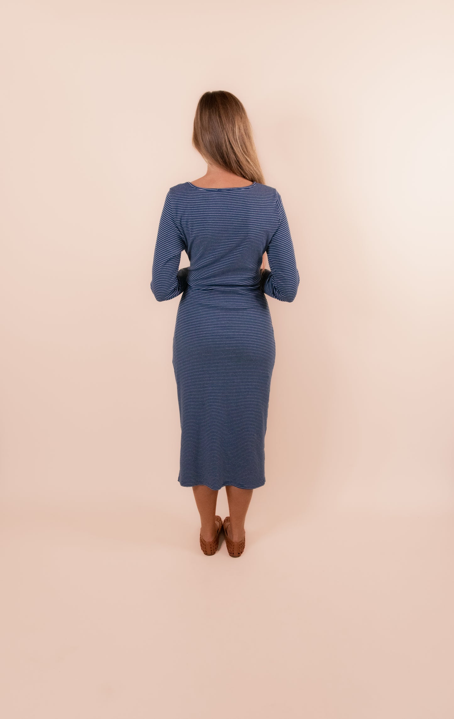 The Addie Ribbed Knit Midi Dress in Navy Stripes