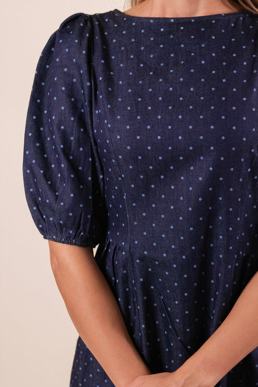The Josie Denim Polkadot Dress