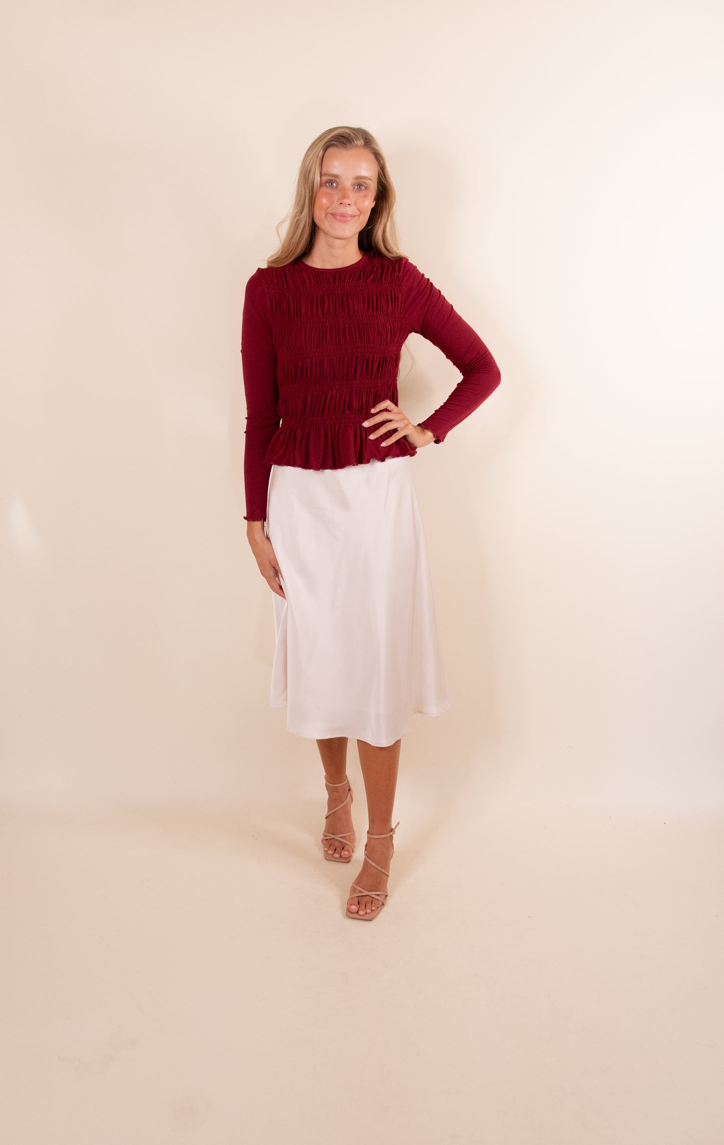 NEW COLOR - The Karly Smocked Long Sleeve Top in Cranberry