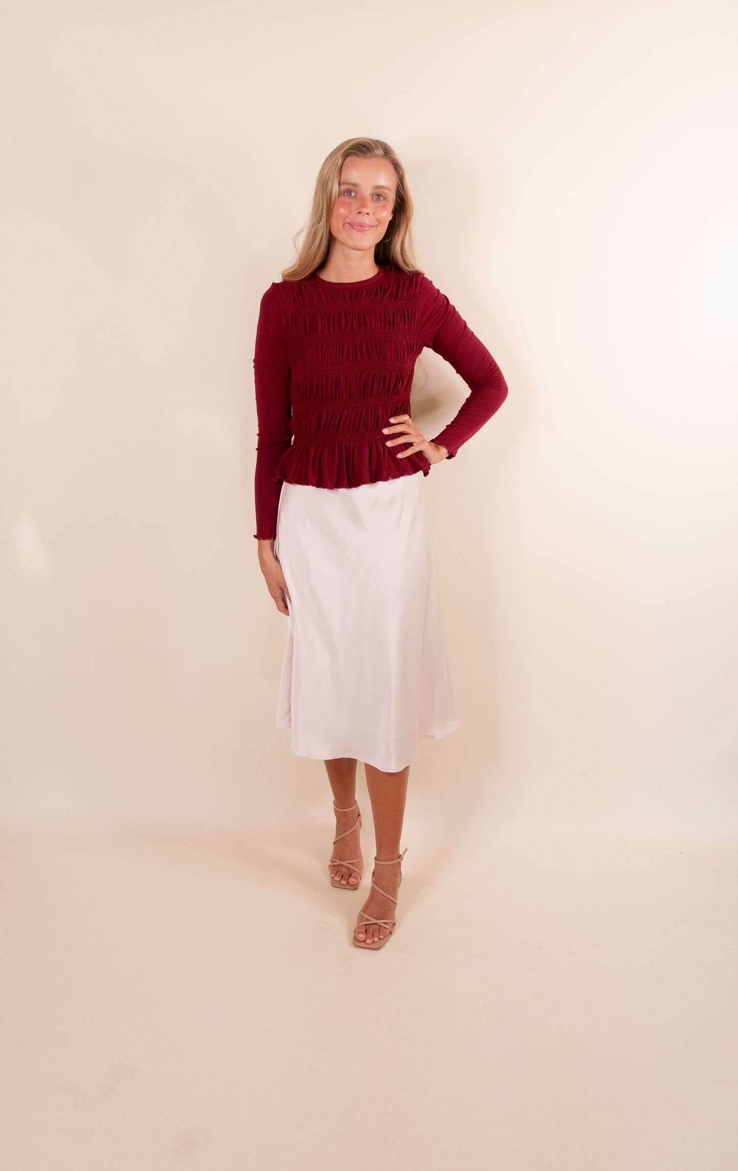 NEW COLOR - The Karly Smocked Long Sleeve Top in Cranberry