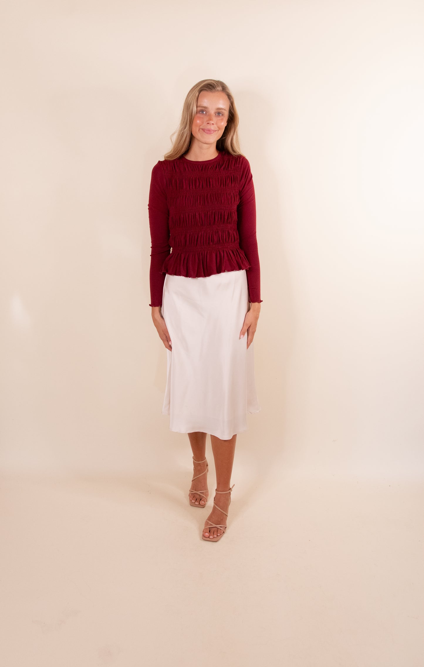 NEW COLOR - The Karly Smocked Long Sleeve Top in Cranberry