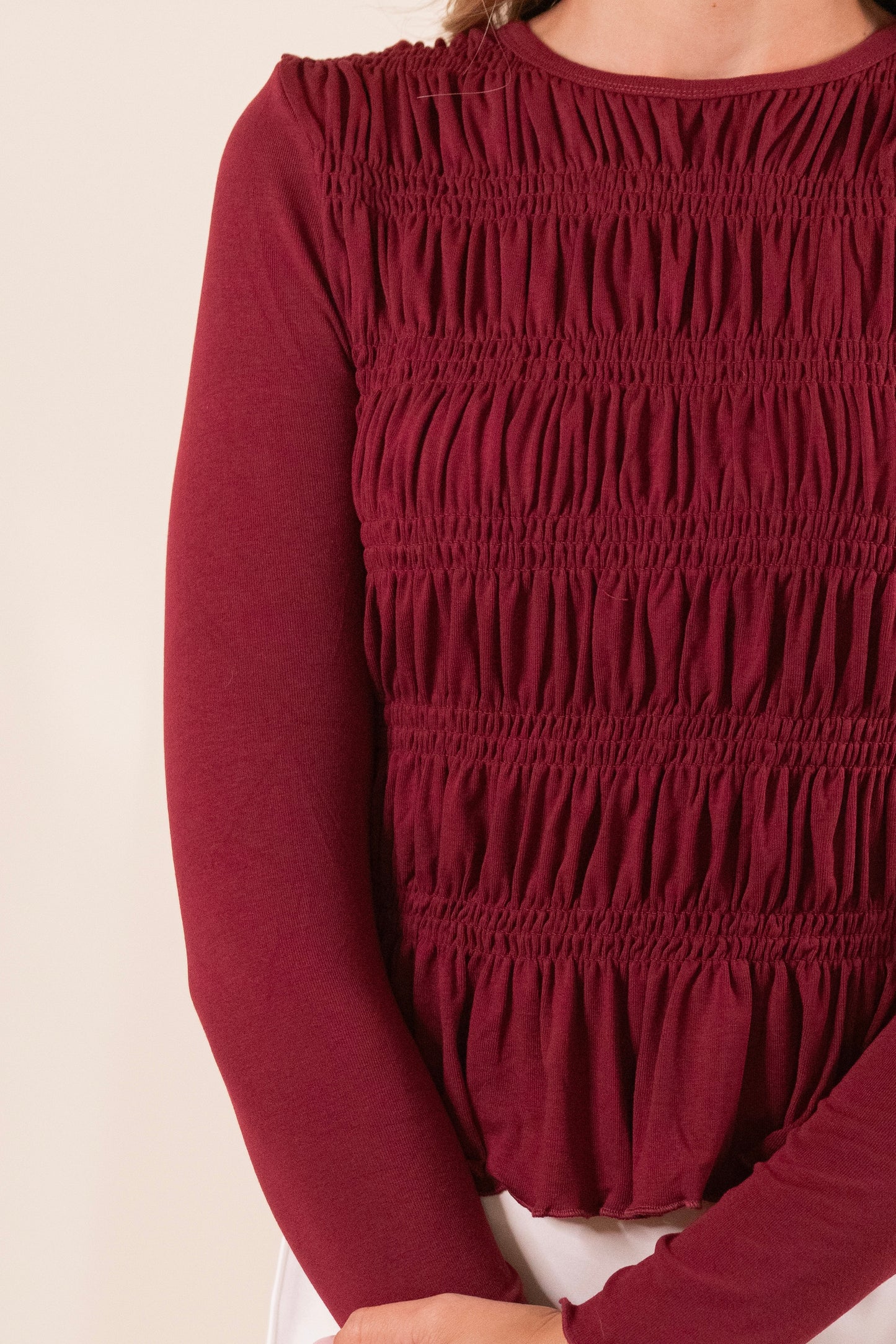 NEW COLOR - The Karly Smocked Long Sleeve Top in Cranberry