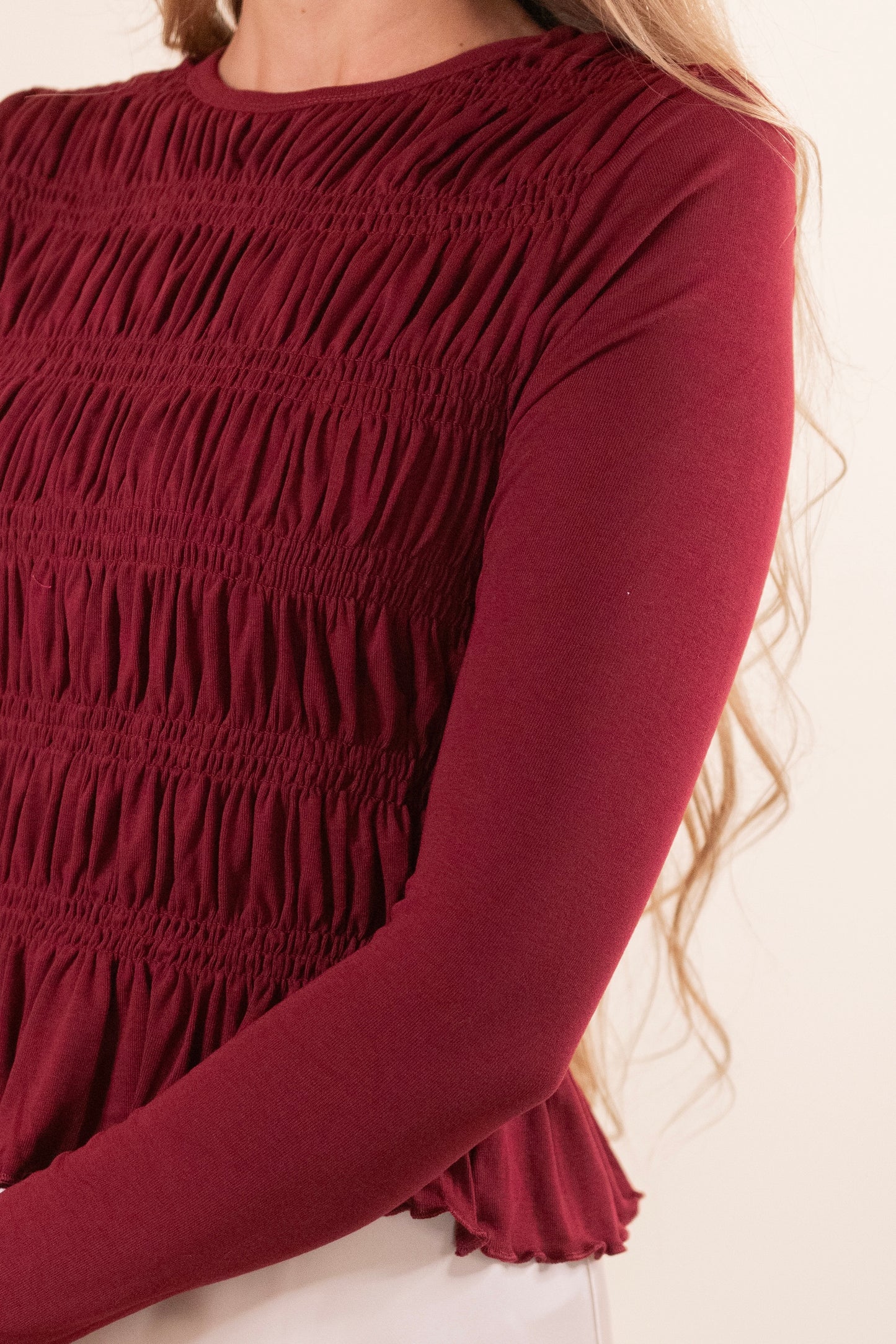 NEW COLOR - The Karly Smocked Long Sleeve Top in Cranberry