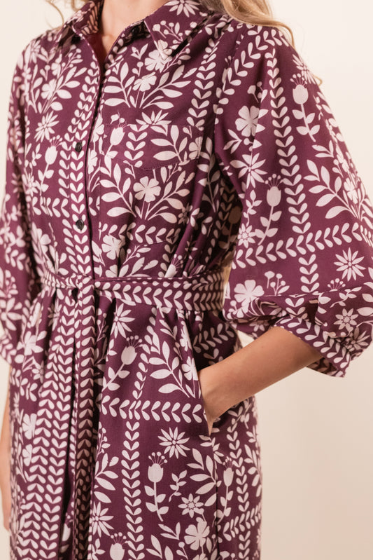 The Rhen Shirt Dress in Burgundy Floral