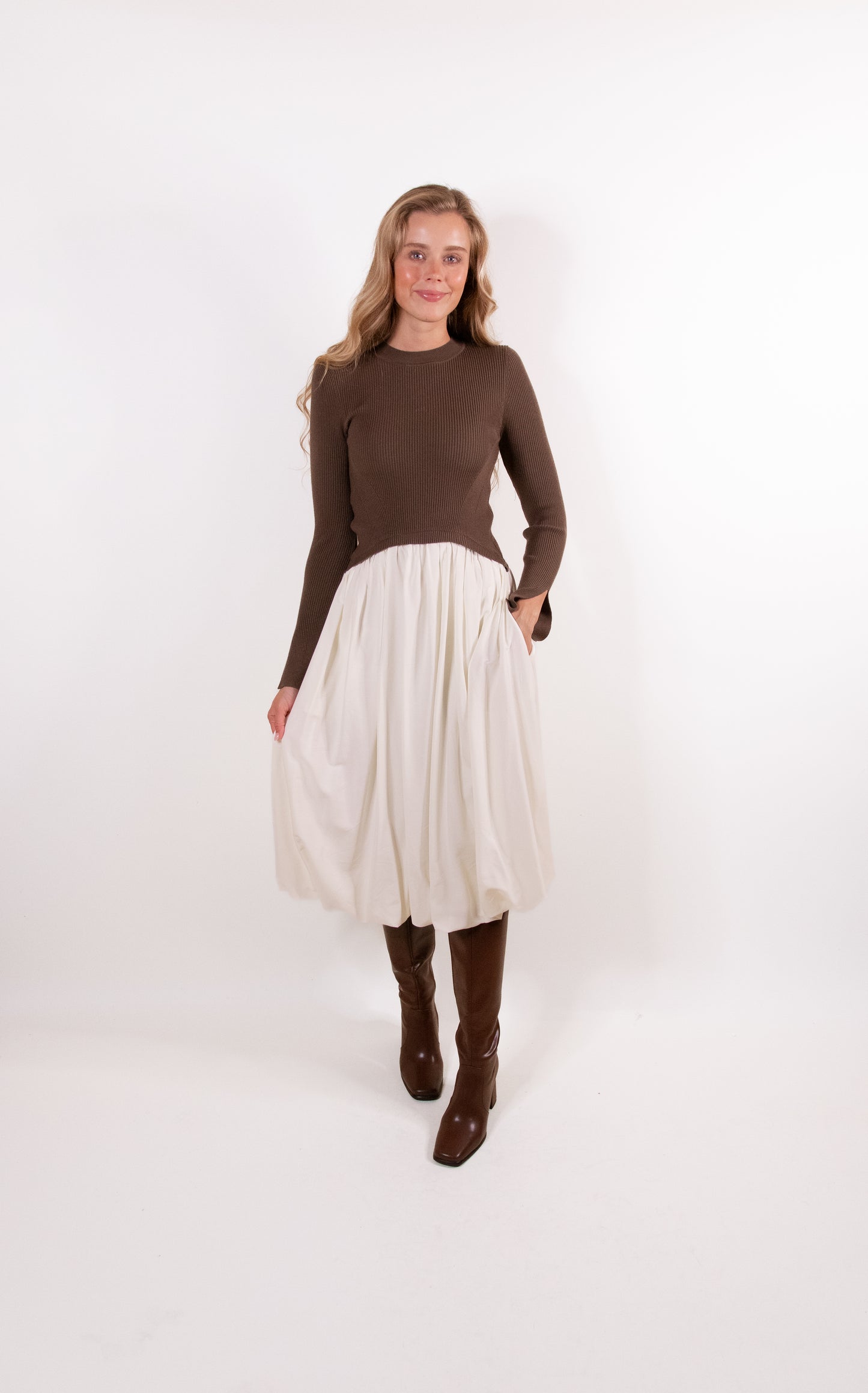RESTOCKED - The Hallie Knit Bubble Dress in Chestnut and Cream