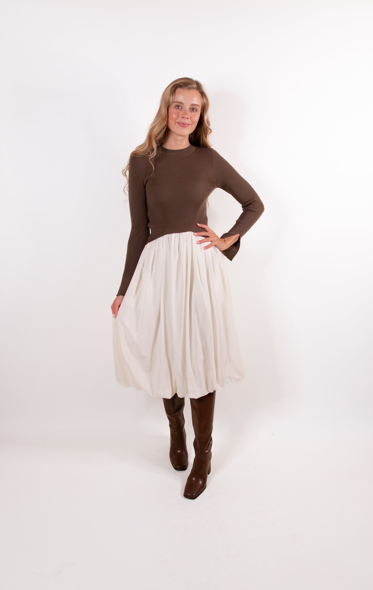 RESTOCKED - The Hallie Knit Bubble Dress in Chestnut and Cream