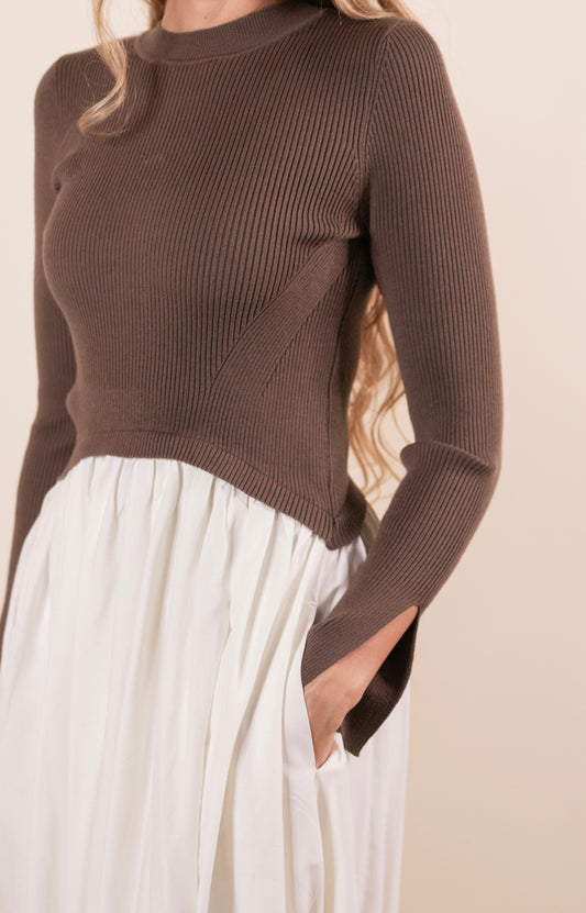 RESTOCKED - The Hallie Knit Bubble Dress in Chestnut and Cream