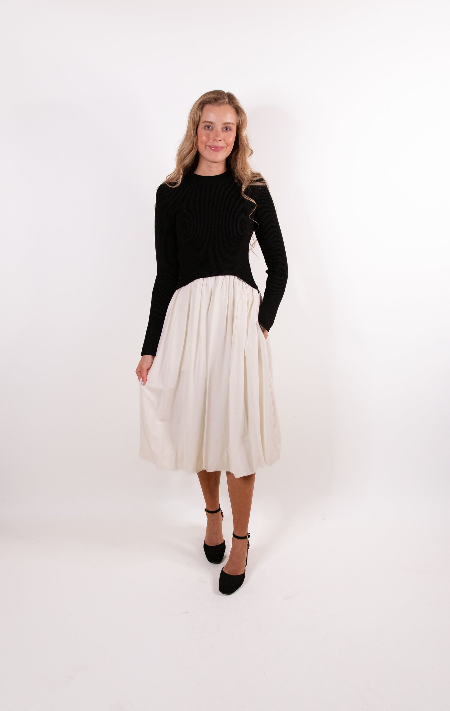 RESTOCKED - The Hallie Knit Bubble Dress in Black and Cream