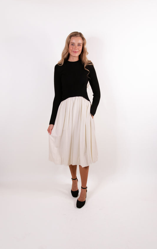 RESTOCKED - The Hallie Knit Bubble Dress in Black and Cream
