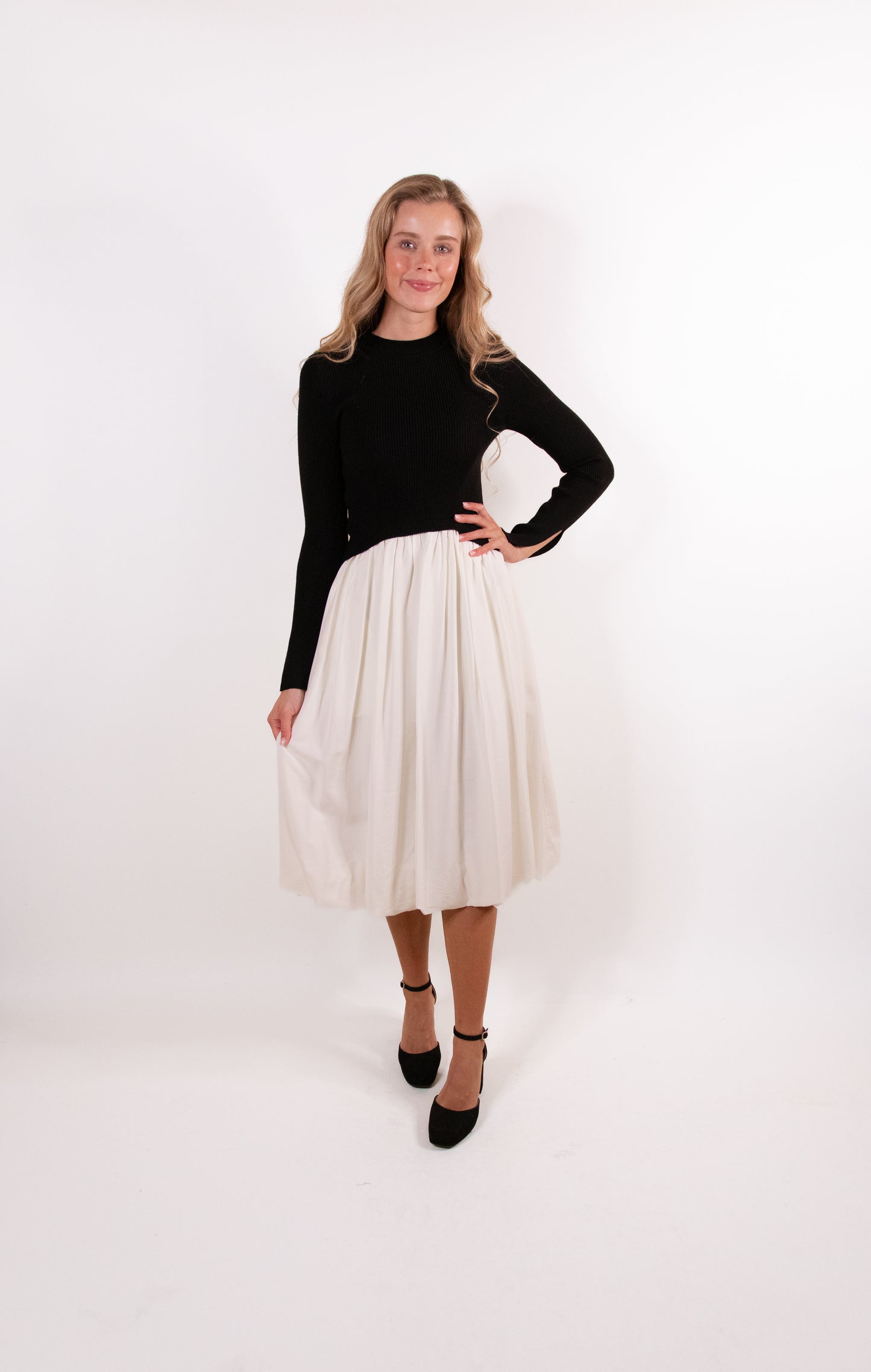 RESTOCKED - The Hallie Knit Bubble Dress in Black and Cream