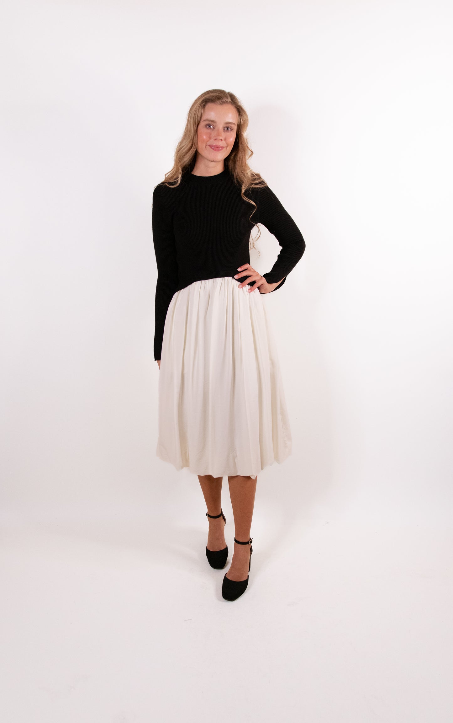 RESTOCKED - The Hallie Knit Bubble Dress in Black and Cream