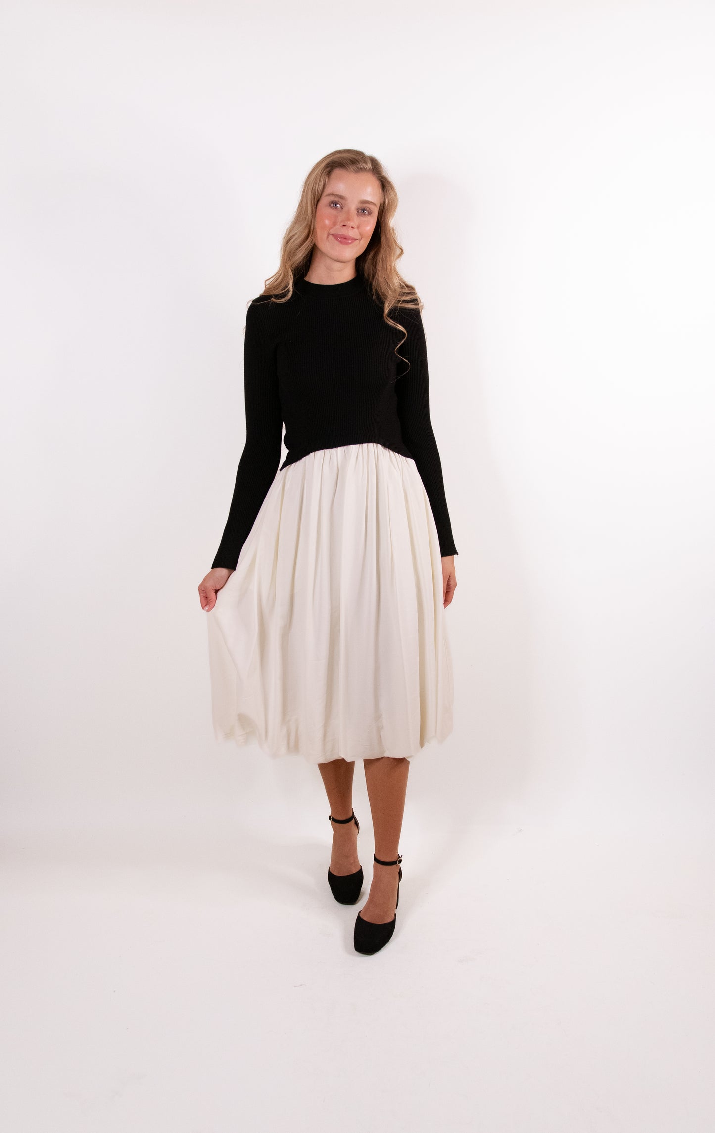RESTOCKED - The Hallie Knit Bubble Dress in Black and Cream