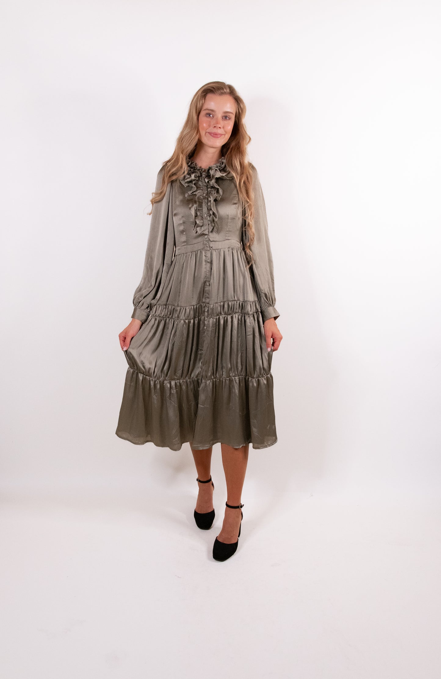 The Marley Satin Ruffle Dress in Olive