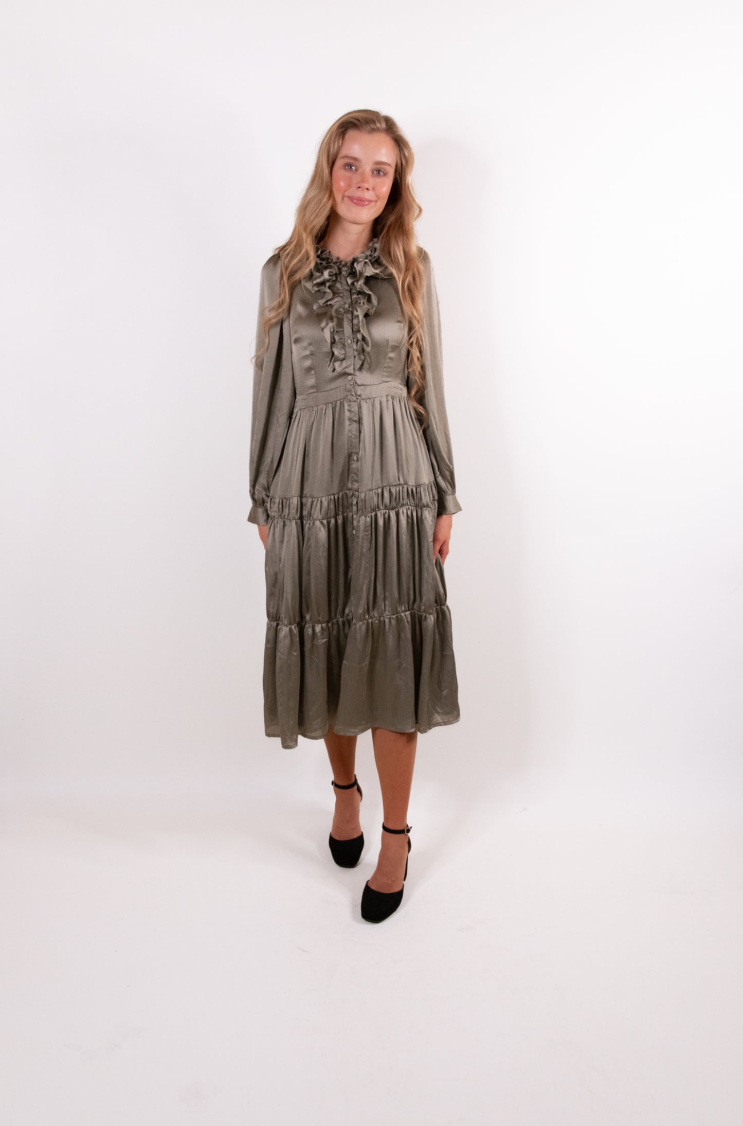 The Marley Satin Ruffle Dress in Olive