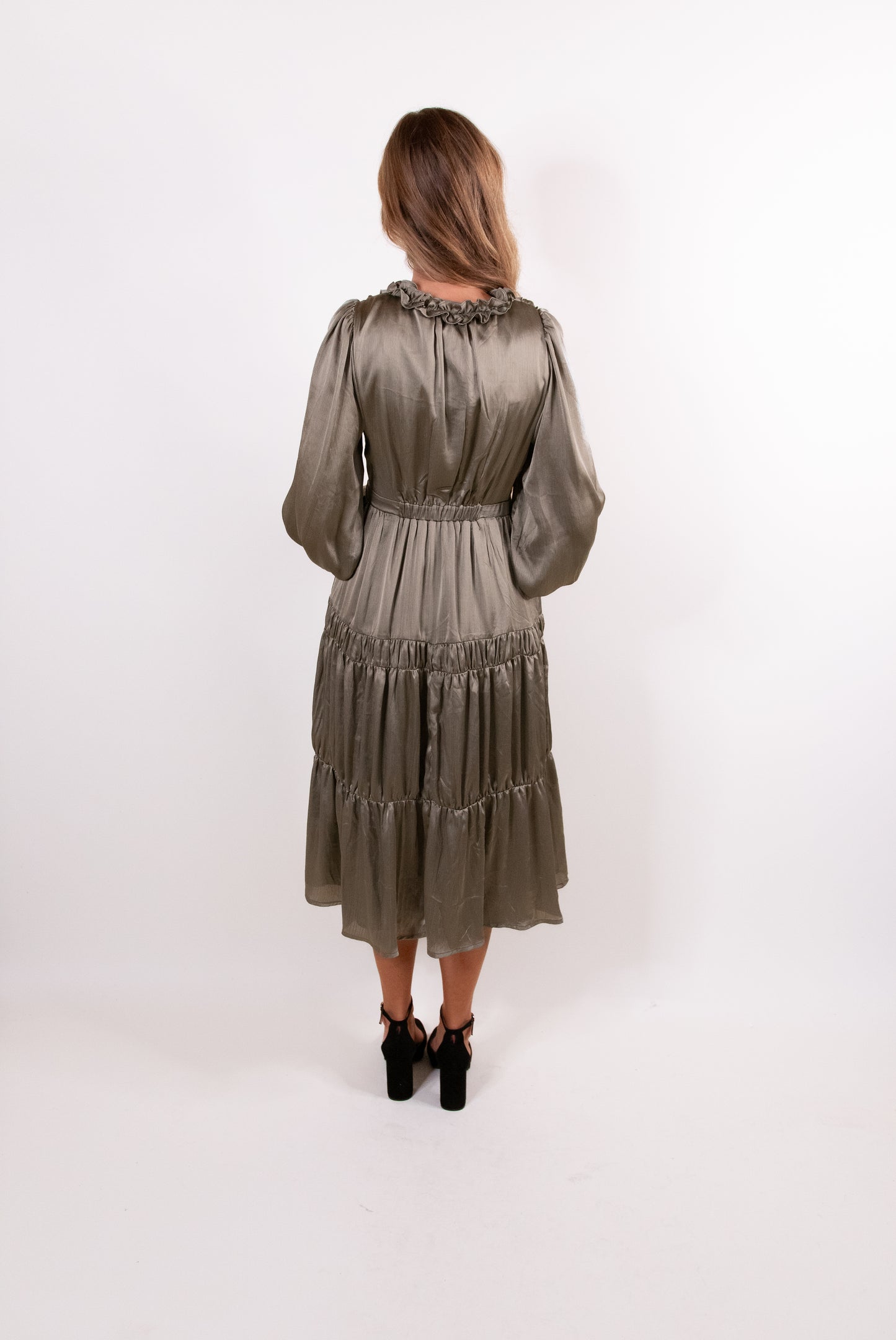 The Marley Satin Ruffle Dress in Olive