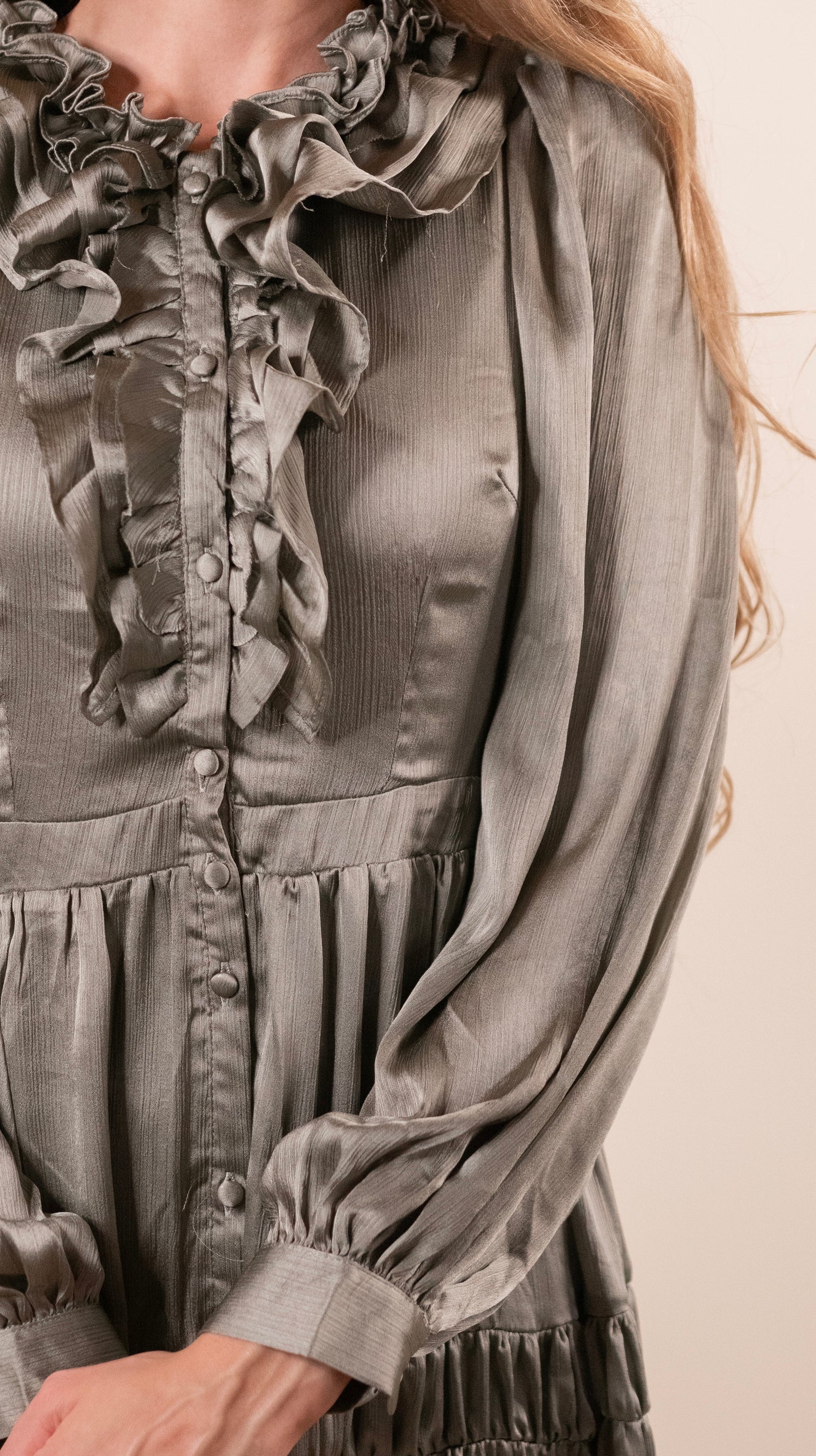 The Marley Satin Ruffle Dress in Olive