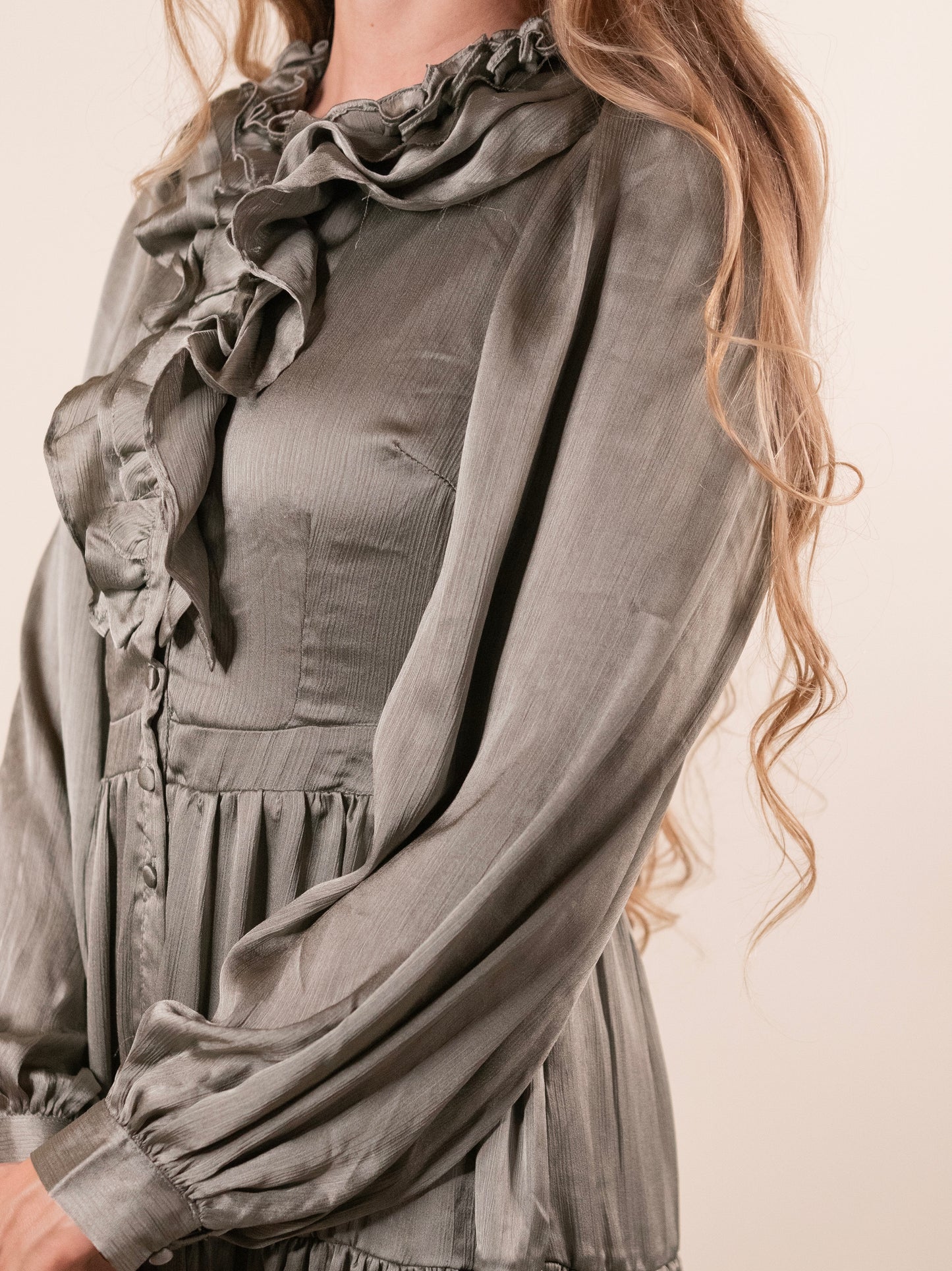 The Marley Satin Ruffle Dress in Olive