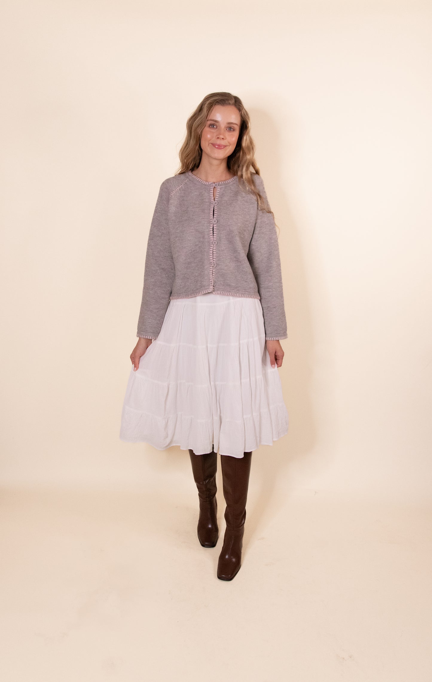 The Perfect Cardigan in Grey & Pink Stitch