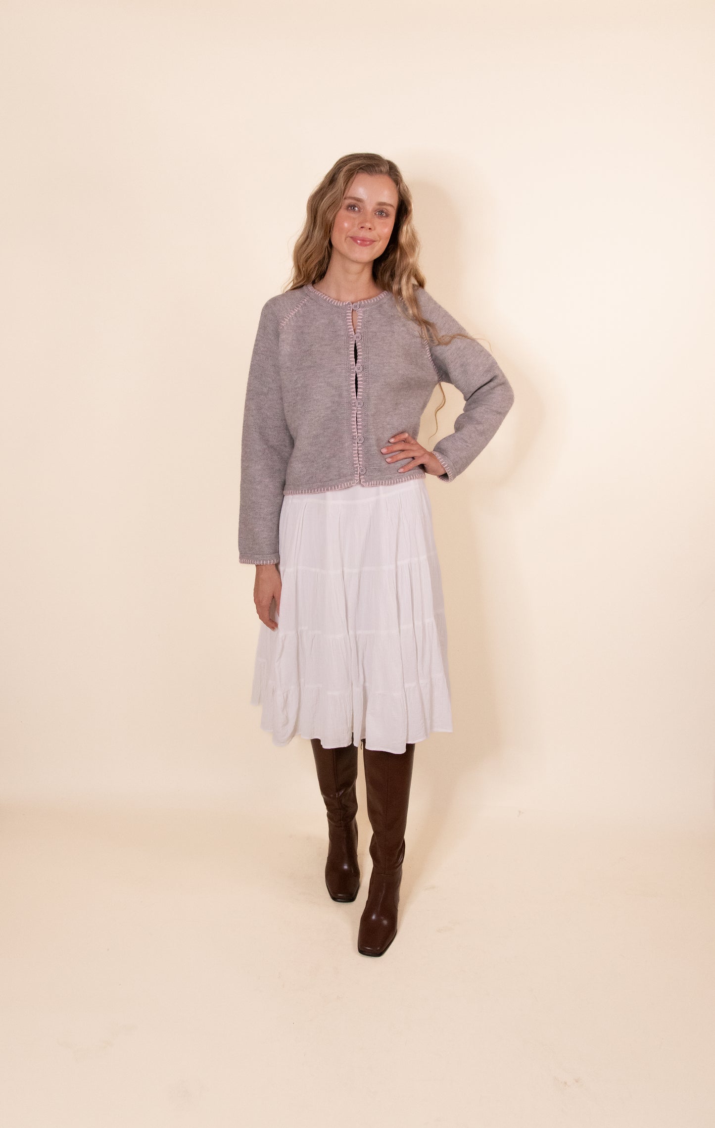 The Perfect Cardigan in Grey & Pink Stitch