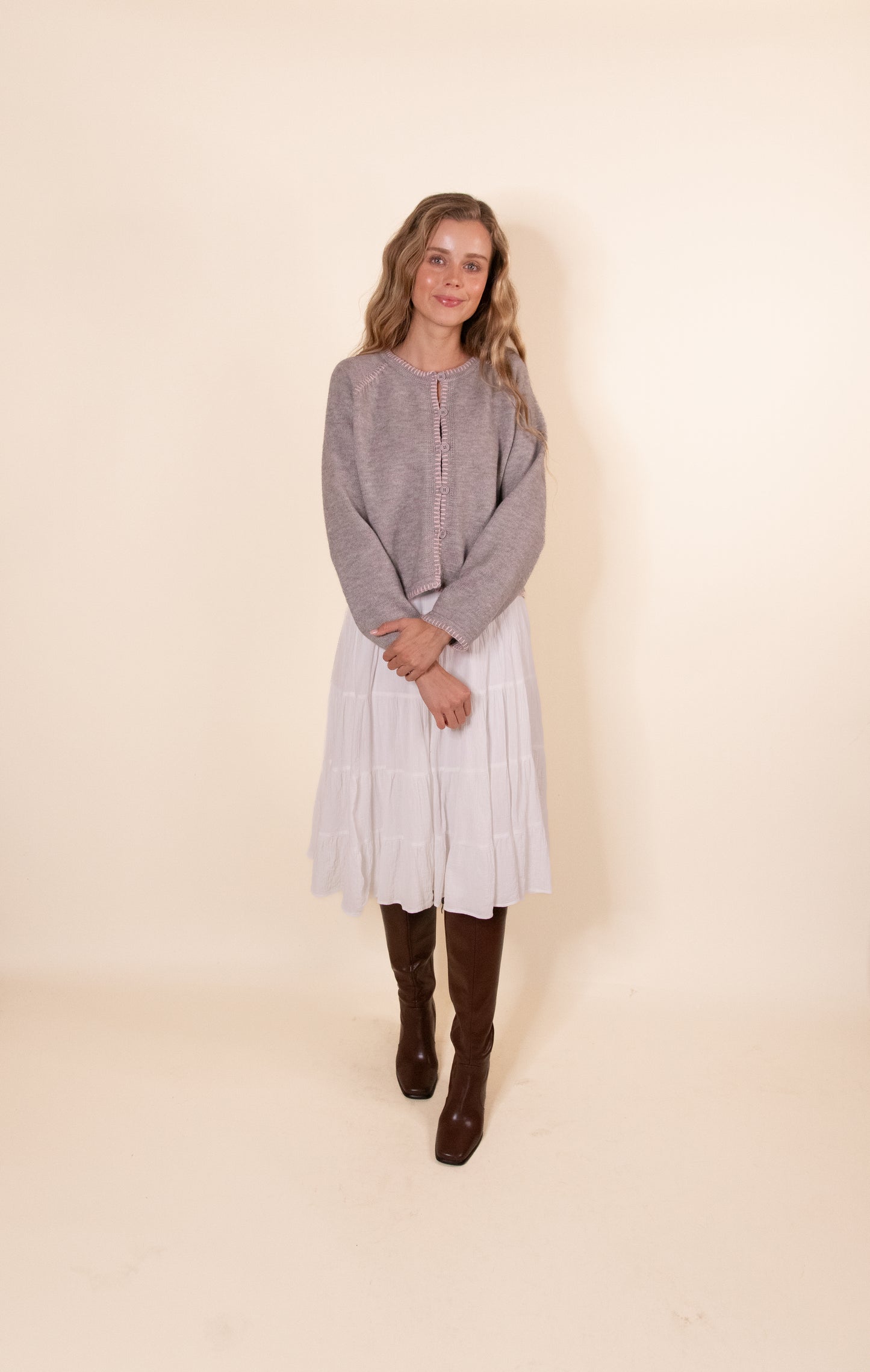 The Perfect Cardigan in Grey & Pink Stitch