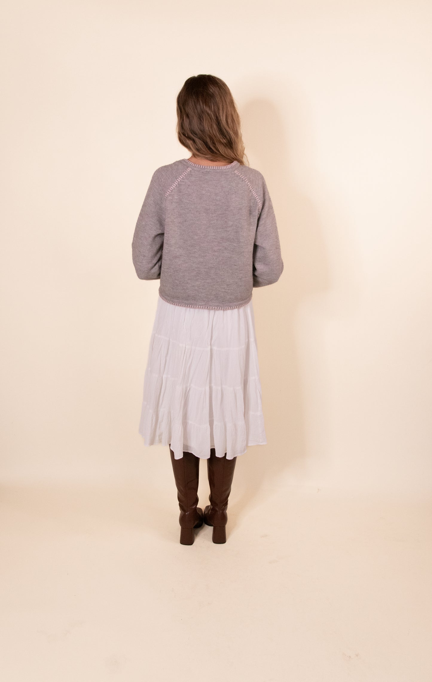 The Perfect Cardigan in Grey & Pink Stitch