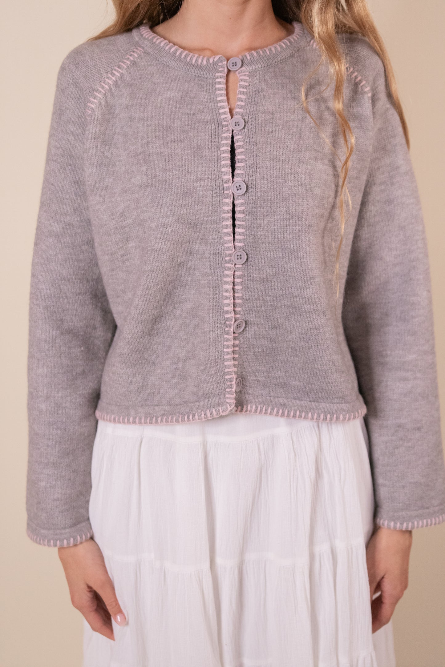 The Perfect Cardigan in Grey & Pink Stitch