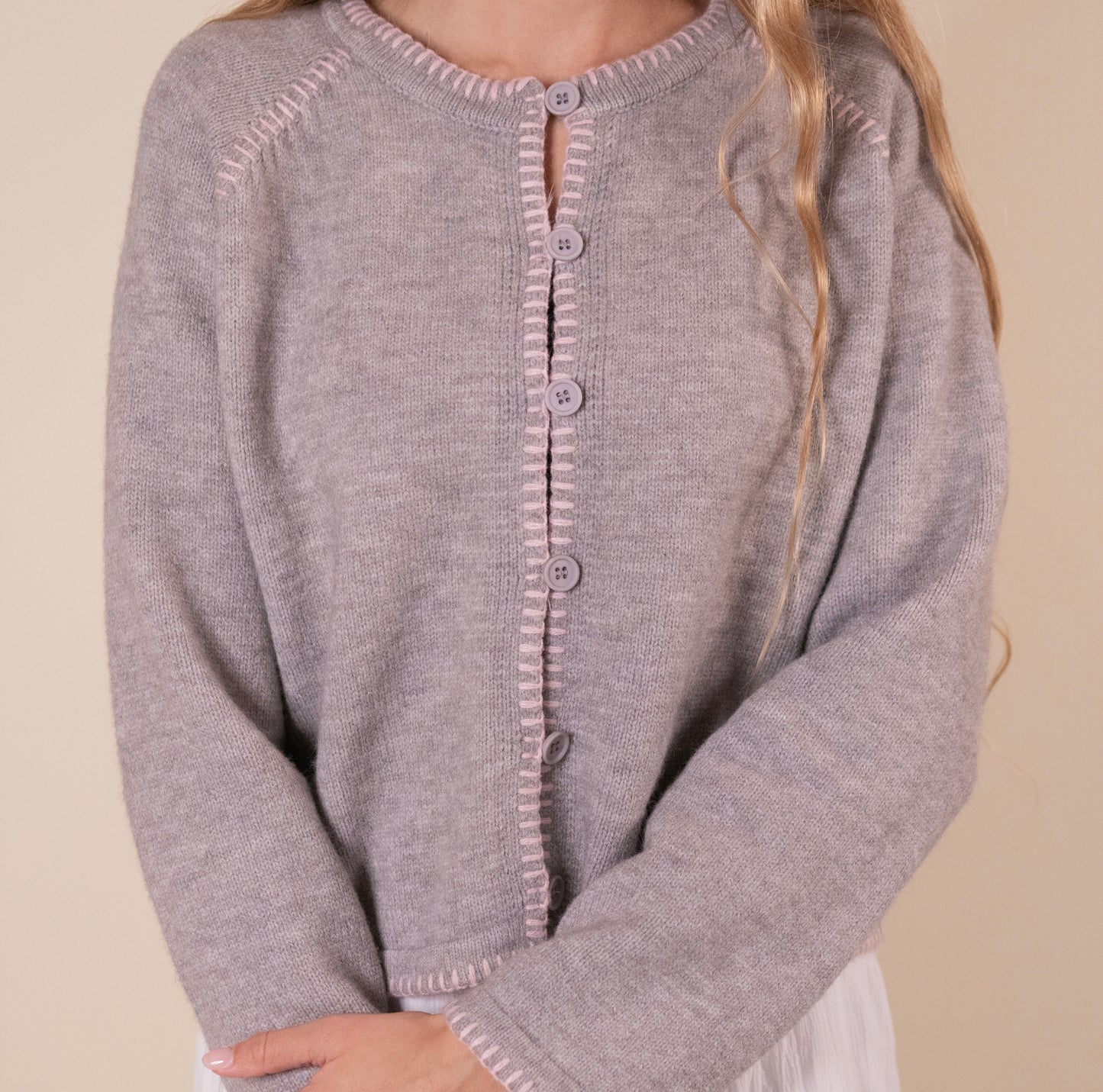 The Perfect Cardigan in Grey & Pink Stitch