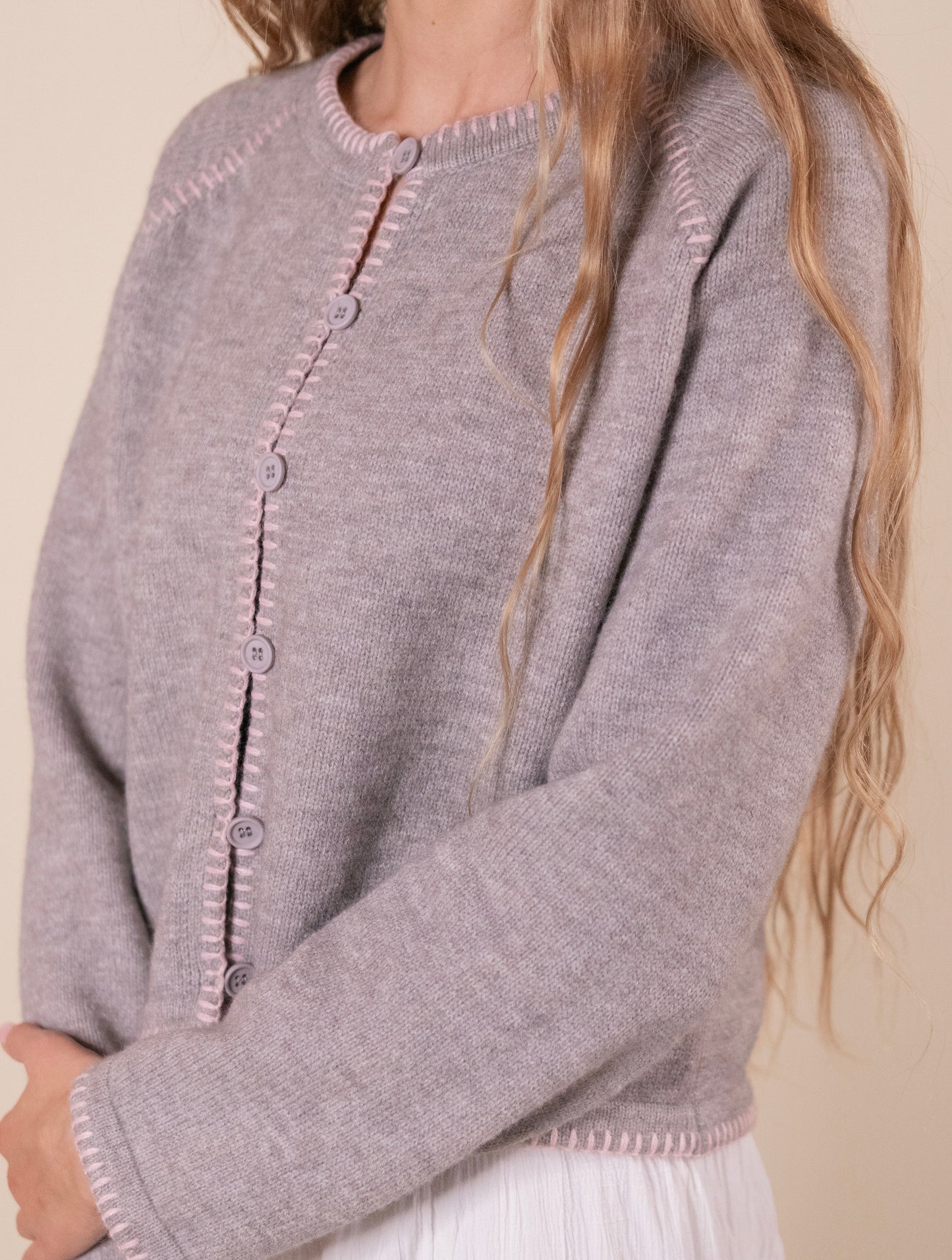 The Perfect Cardigan in Grey & Pink Stitch