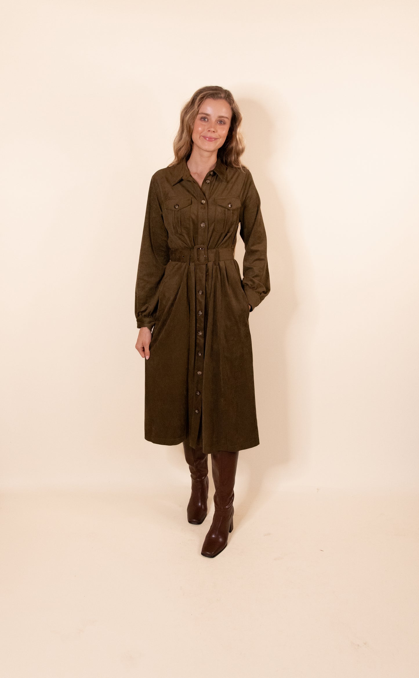 The Margot Suede Belted Shirt Dress in Olive
