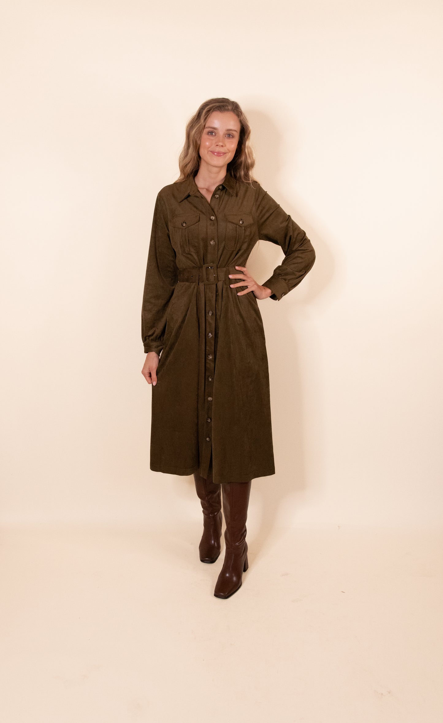 The Margot Suede Belted Shirt Dress in Olive